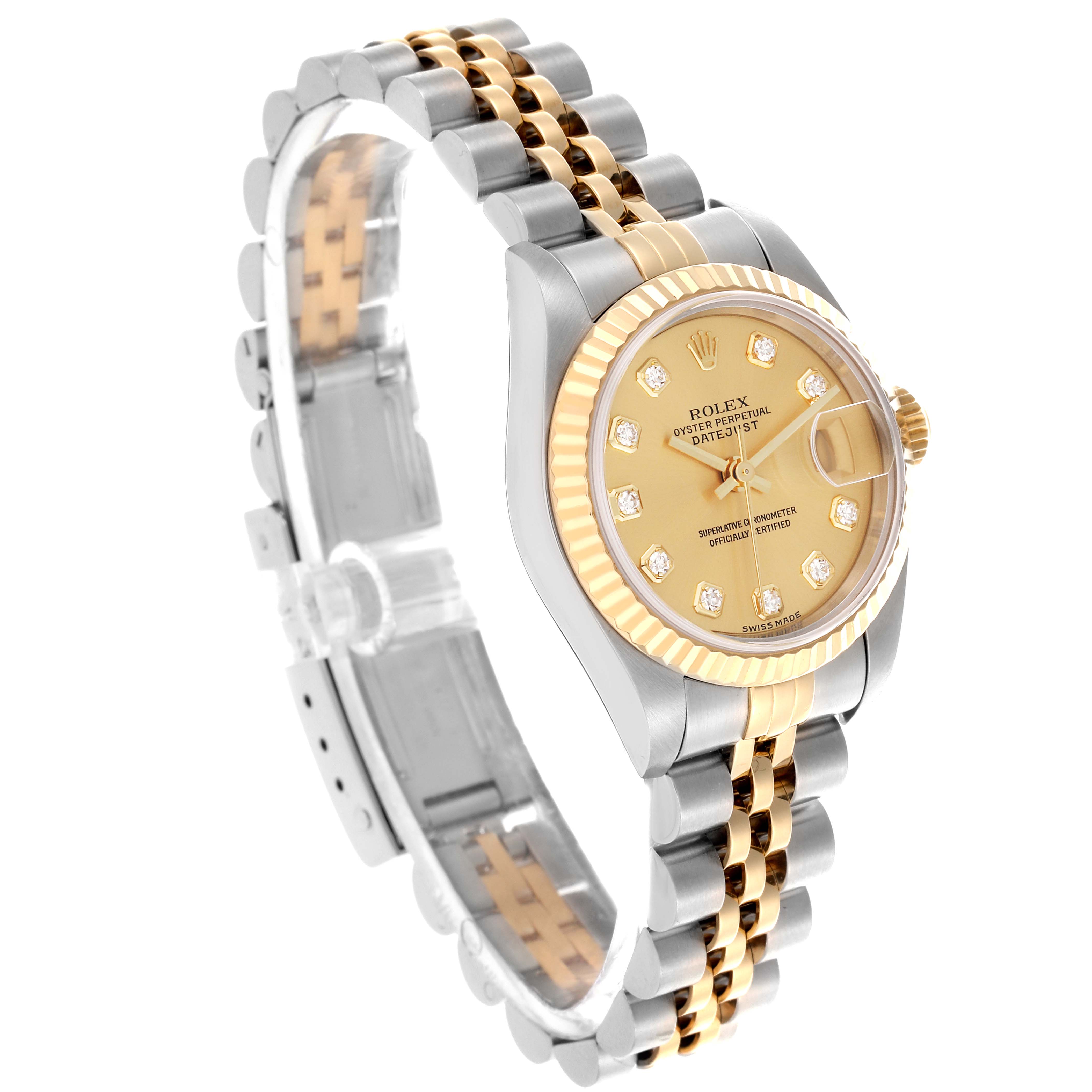 The Rolex Datejust 79173 Women's Steel and Gold (two tone) Champagne Dial 79173 Women's Steel and Gold (two tone) Champagne Dial watch is shown at an angled side view, highlighting its gold dial and two-tone bracelet.