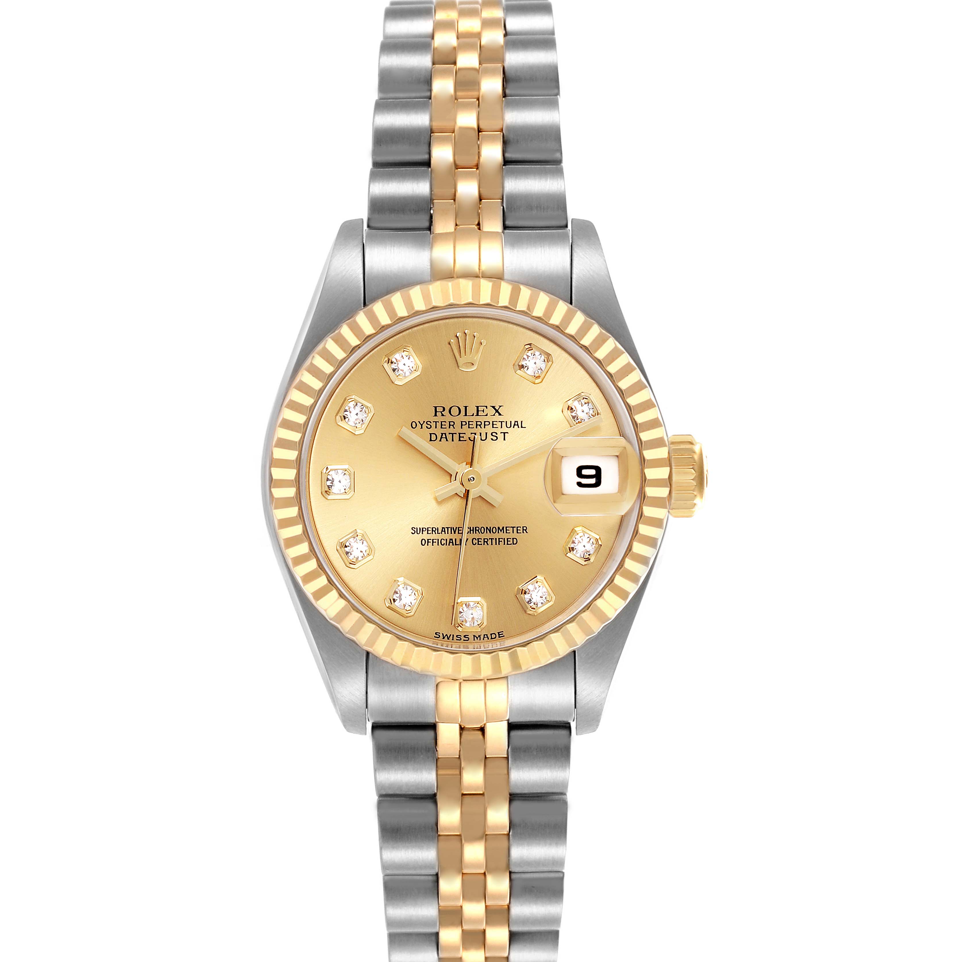 The Rolex Datejust 79173 Women's Steel and Gold (two tone) Champagne Dial 79173 Women's Steel and Gold (two tone) Champagne Dial watch is shown from a front view, displaying the dial, bezel, and bi-color bracelet.
