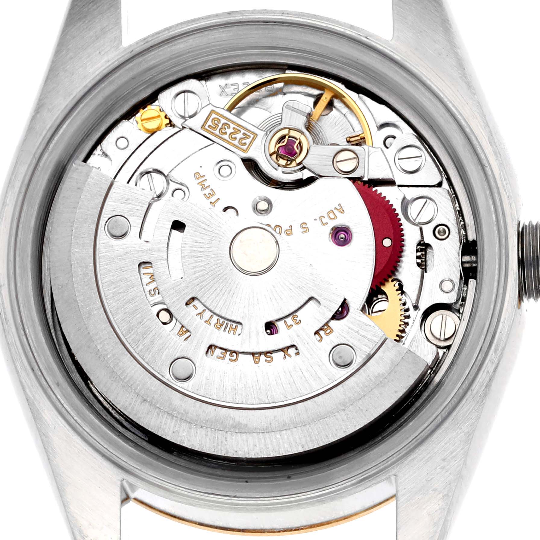 The image shows the internal movement mechanism of a Rolex Datejust 79173 Women's Steel and Gold (two tone) Champagne Dial 79173 Women's Steel and Gold (two tone) Champagne Dial watch, viewed from the back.