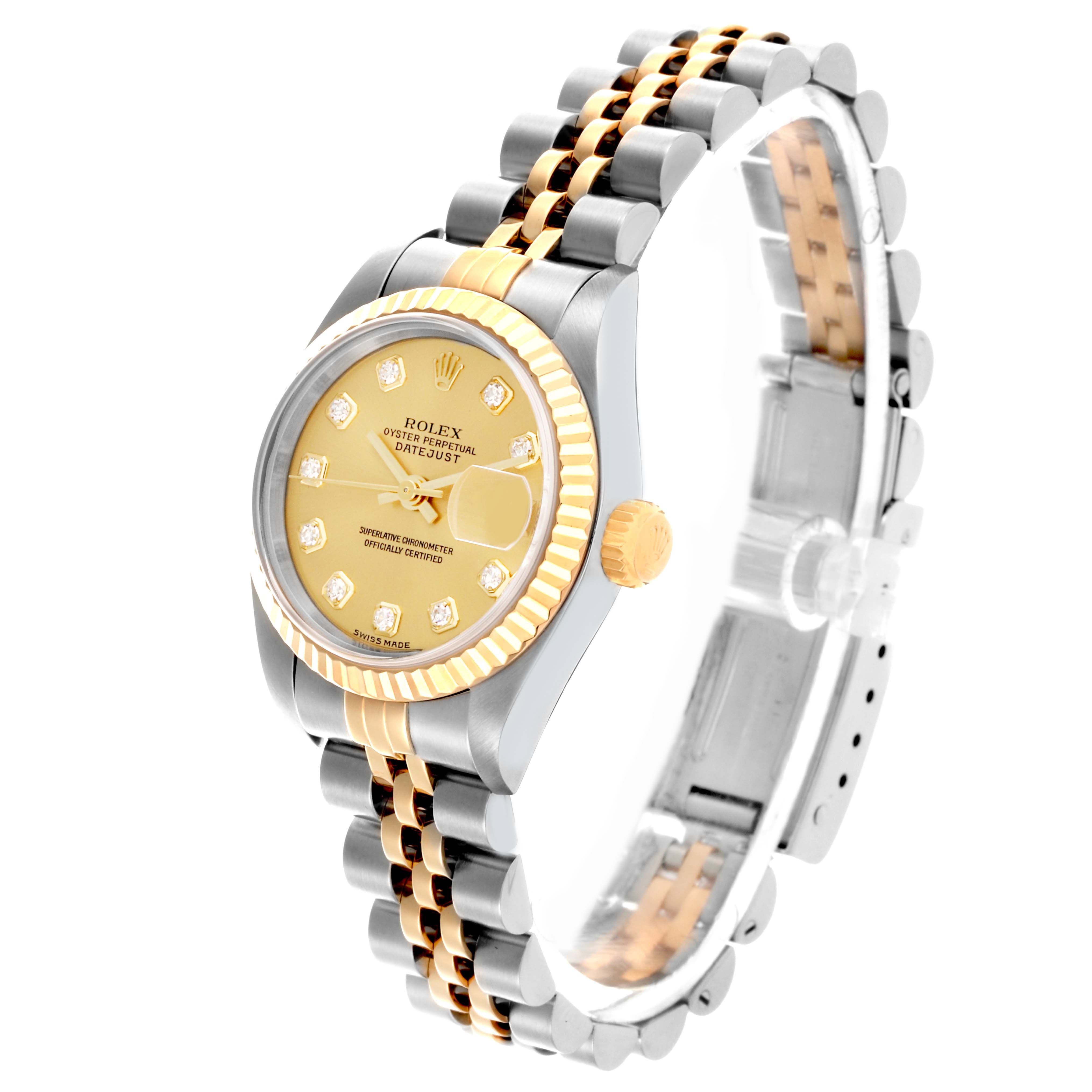 The Rolex Datejust 79173 Women's Steel and Gold (two tone) Champagne Dial 79173 Women's Steel and Gold (two tone) Champagne Dial watch is shown at a three-quarter angle, highlighting the case, crown, dial, and two-tone bracelet.
