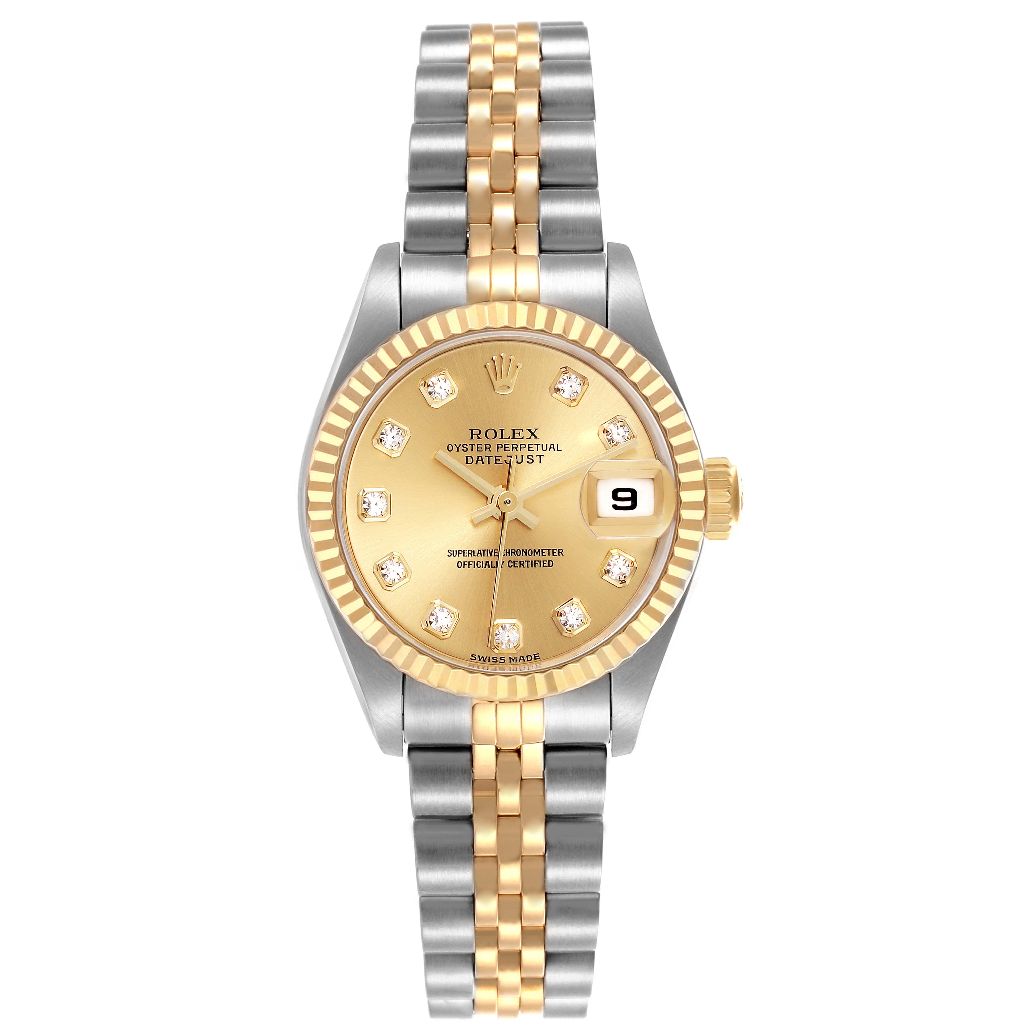 The Rolex Datejust 79173 Women's Steel and Gold (two tone) Champagne Dial 79173 Women's Steel and Gold (two tone) Champagne Dial watch is shown from a top view, highlighting its gold and silver bracelet, dial, and date feature.