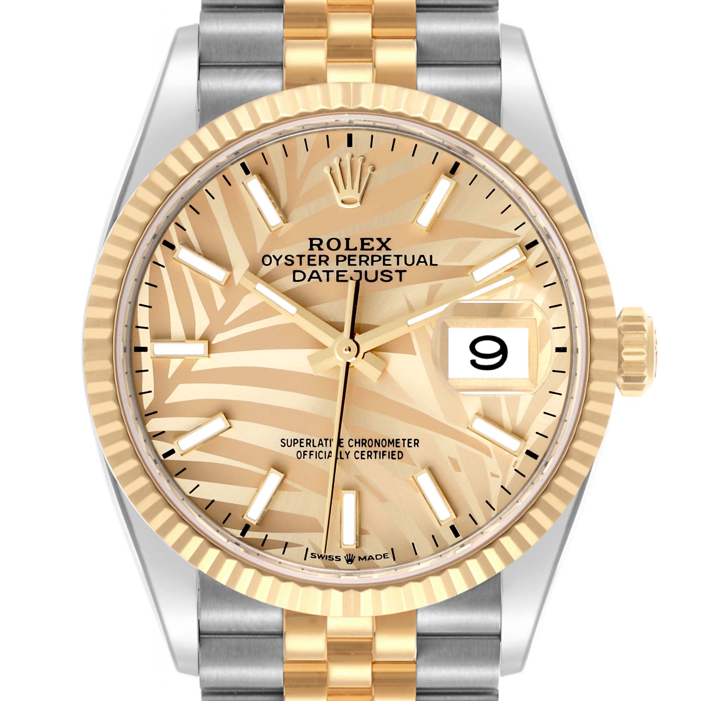 The Rolex Datejust 126233 Men's Steel and Gold (two tone) Champagne Dial 126233 Men's Steel and Gold (two tone) Champagne Dial watch is shown from the front, highlighting the dial, bezel, and part of the bracelet.