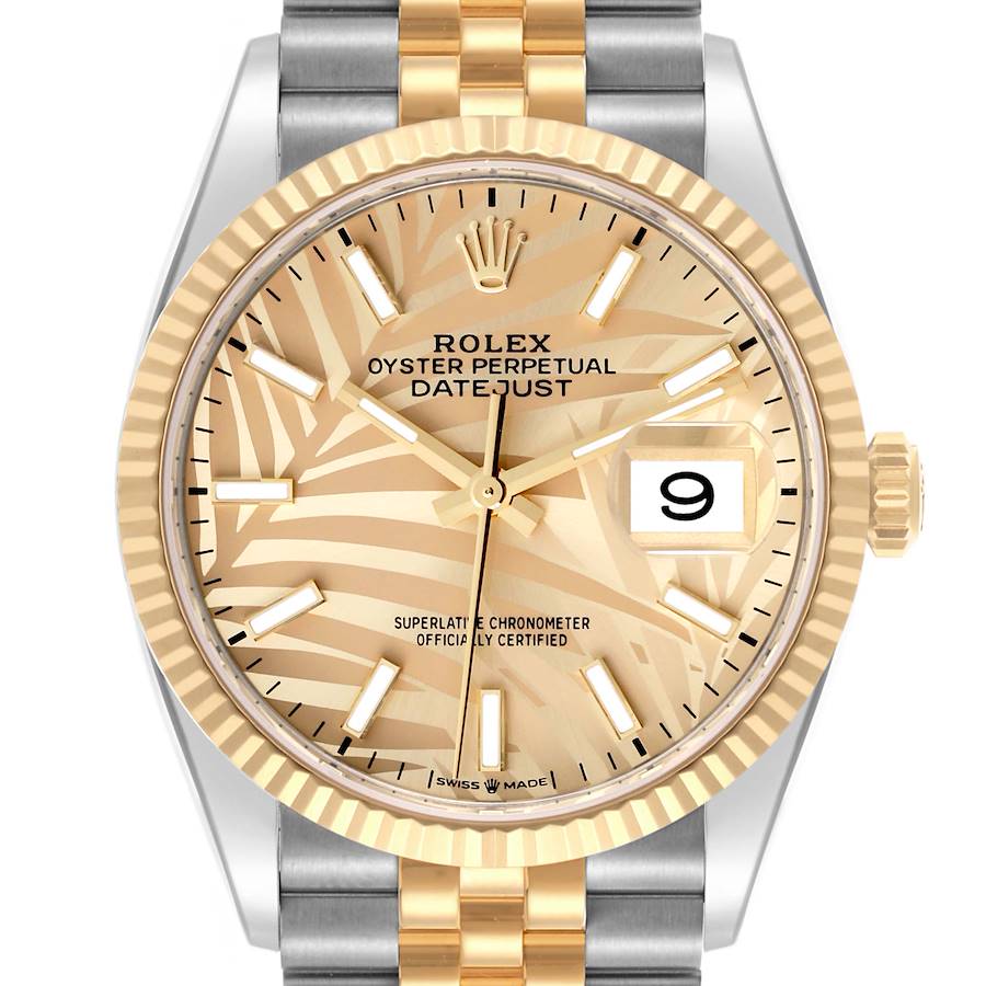 The Rolex Datejust watch is shown from the front, highlighting the dial, bezel, and part of the bracelet.