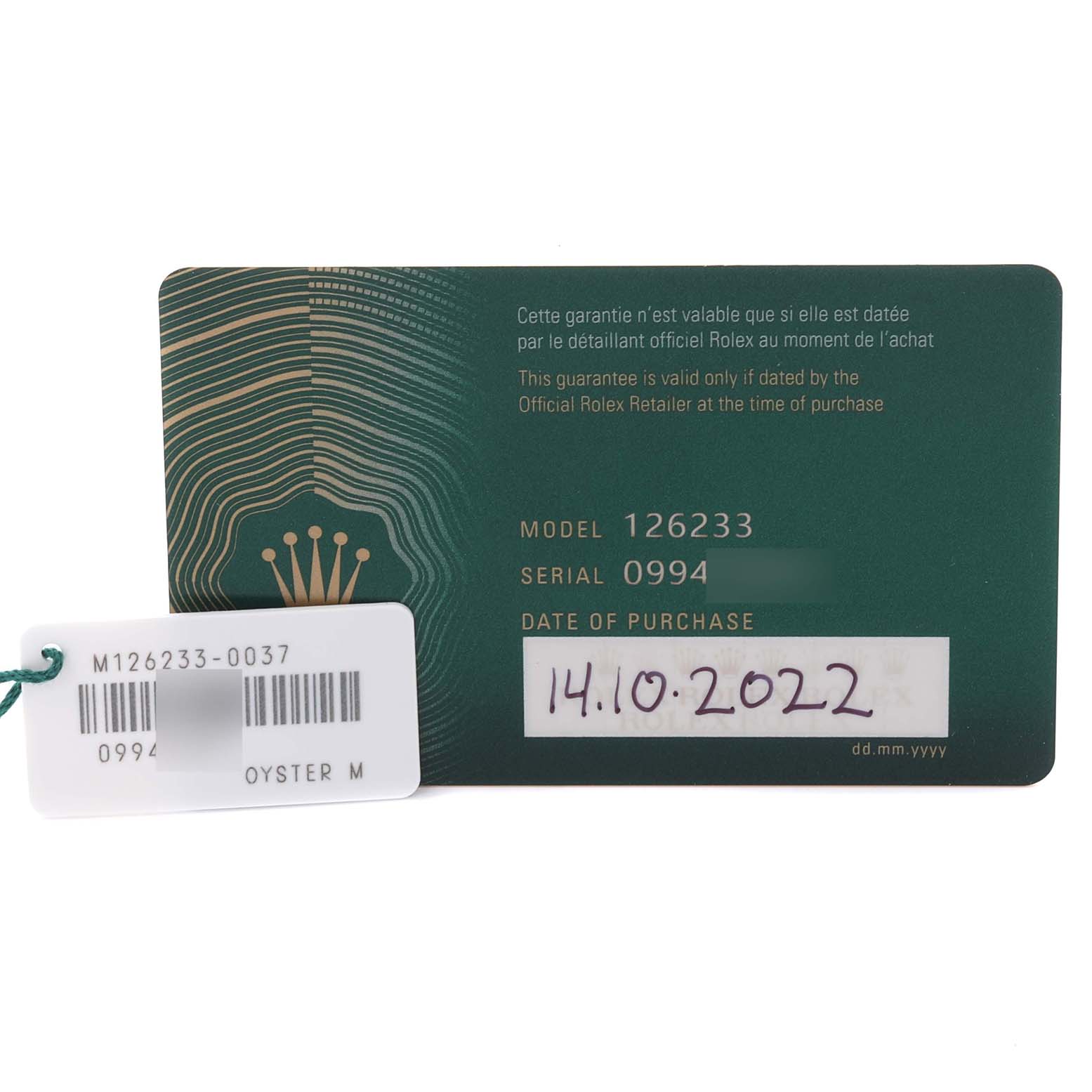 The image shows a warranty card and tag for a Rolex Datejust 126233 Men's Steel and Gold (two tone) Champagne Dial 126233 Men's Steel and Gold (two tone) Champagne Dial model 126233.