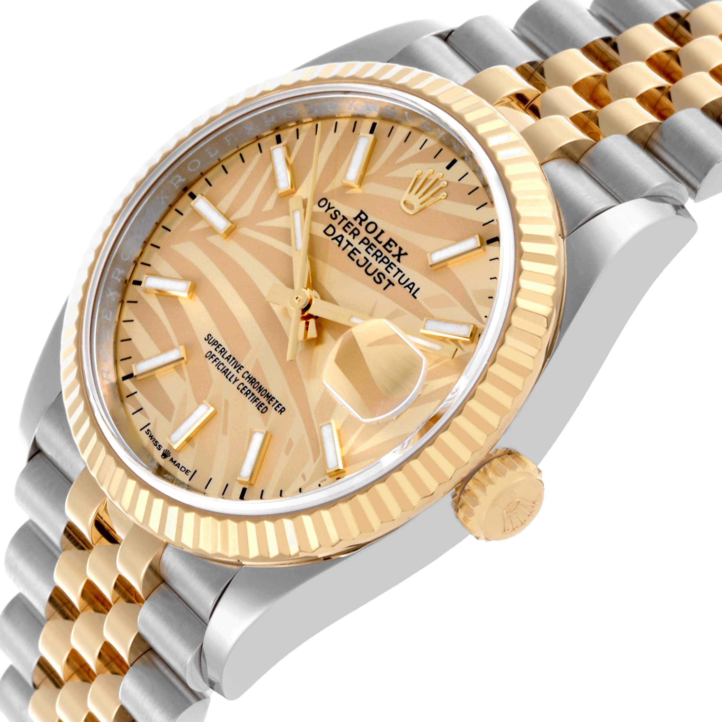 The Rolex Datejust 126233 Men's Steel and Gold (two tone) Champagne Dial 126233 Men's Steel and Gold (two tone) Champagne Dial watch is shown at an angled side view, detailing the bezel, dial, crown, and Jubilee bracelet.