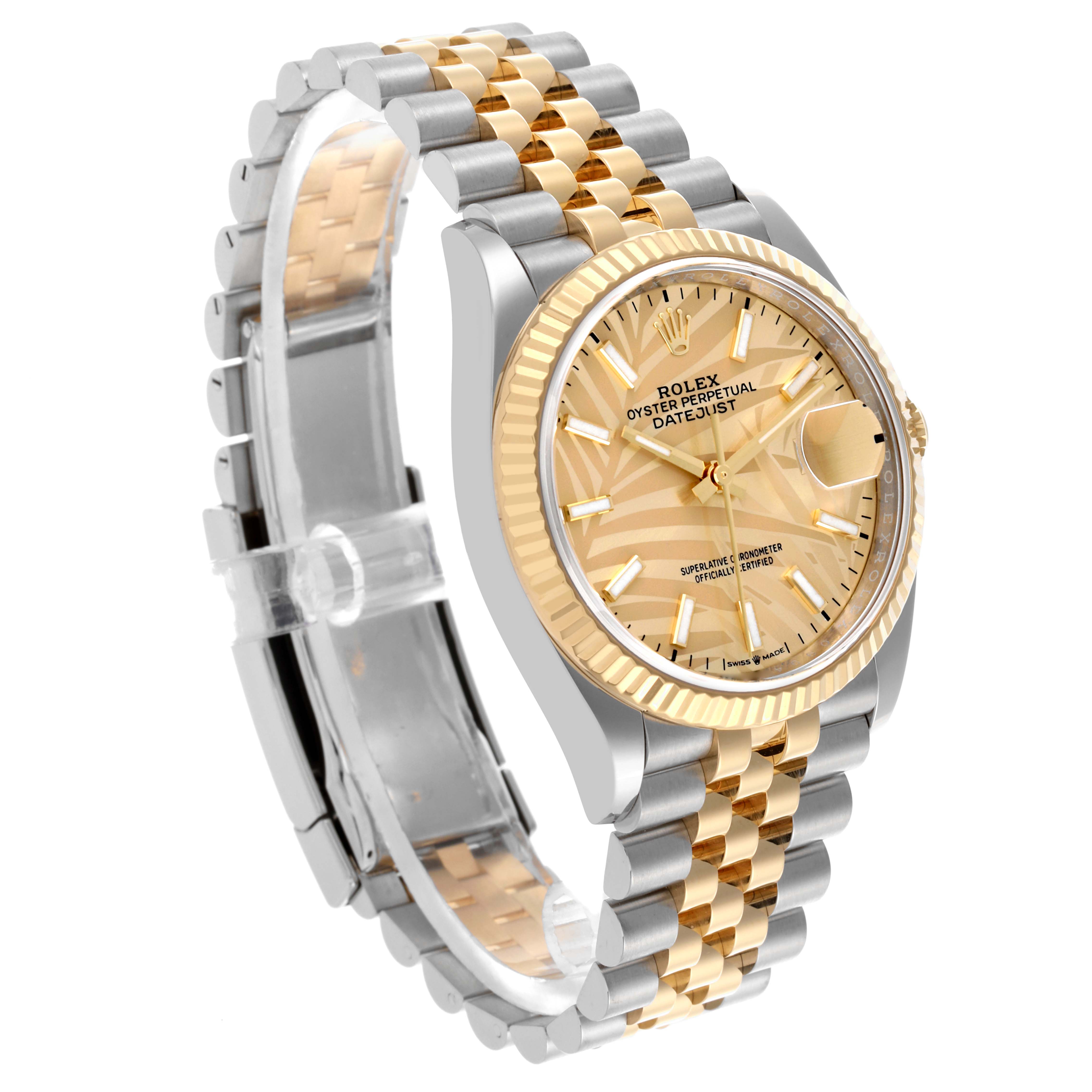 The Rolex Datejust 126233 Men's Steel and Gold (two tone) Champagne Dial 126233 Men's Steel and Gold (two tone) Champagne Dial watch is shown at a three-quarter angle, highlighting the gold and silver bracelet, fluted bezel, and dial.
