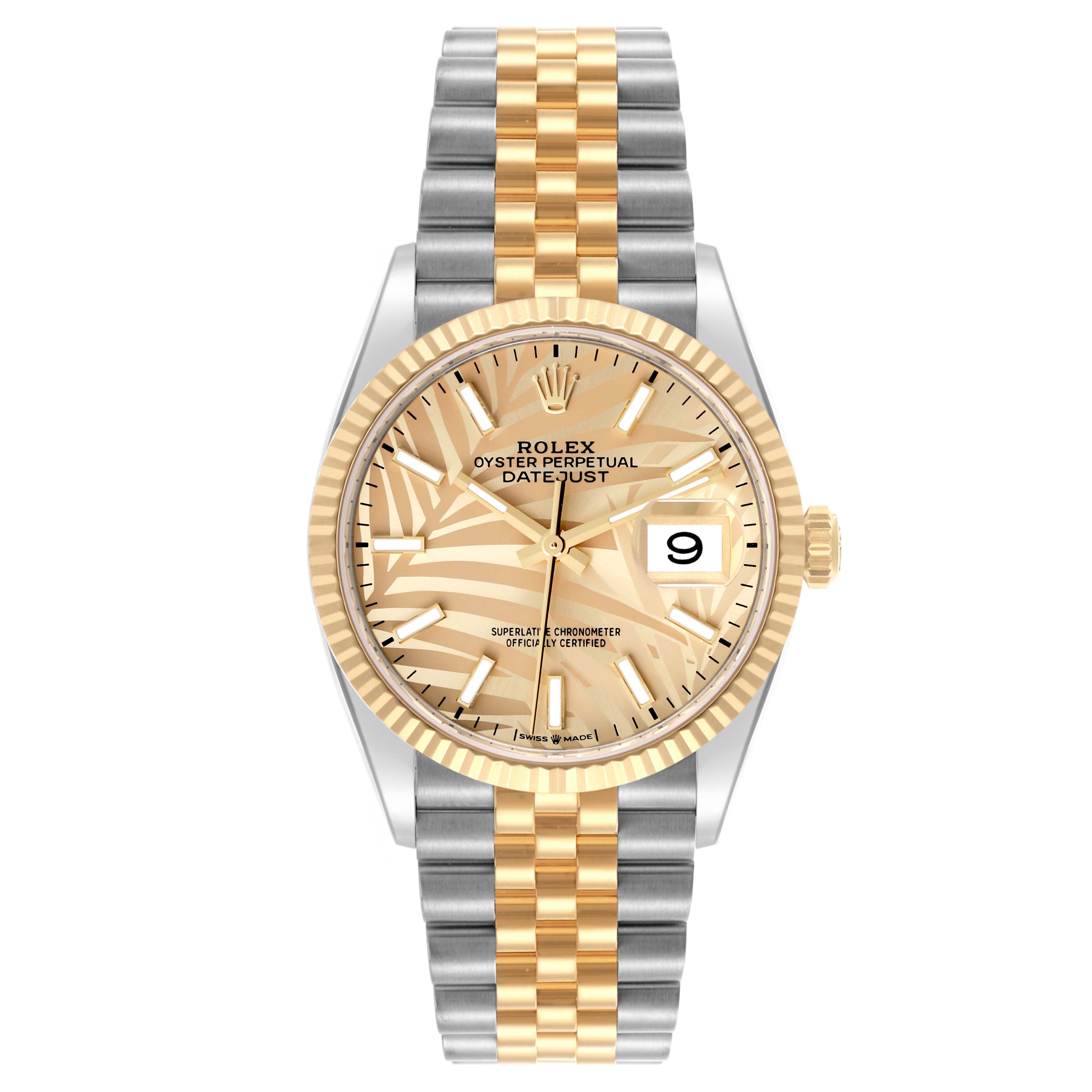 The Rolex Datejust 126233 Men's Steel and Gold (two tone) Champagne Dial 126233 Men's Steel and Gold (two tone) Champagne Dial watch is shown from a front view, featuring the dial, case, bezel, and bracelet.