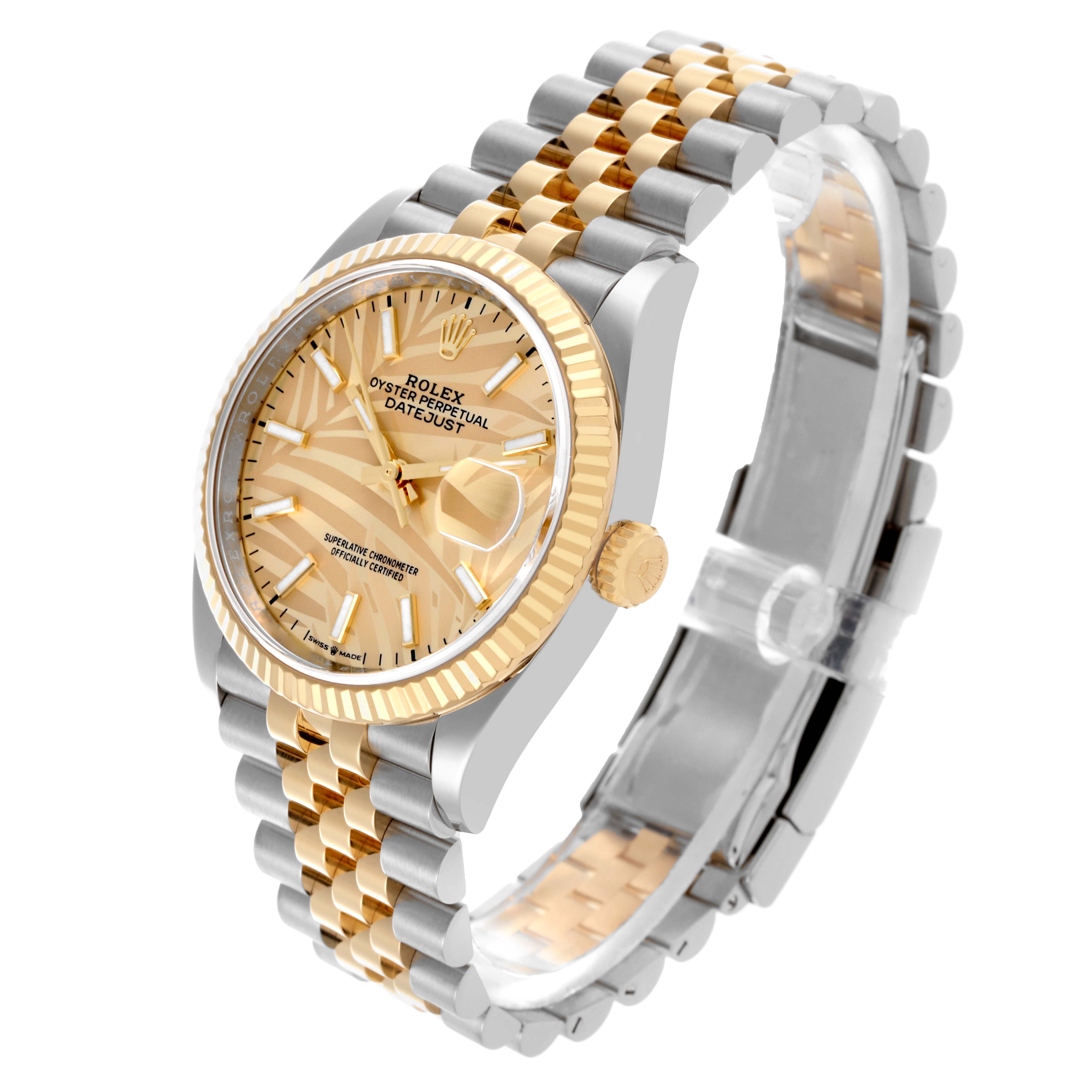 The Rolex Datejust 126233 Men's Steel and Gold (two tone) Champagne Dial 126233 Men's Steel and Gold (two tone) Champagne Dial watch is shown at a three-quarter angle, highlighting the bezel, dial, crown, and two-tone bracelet.