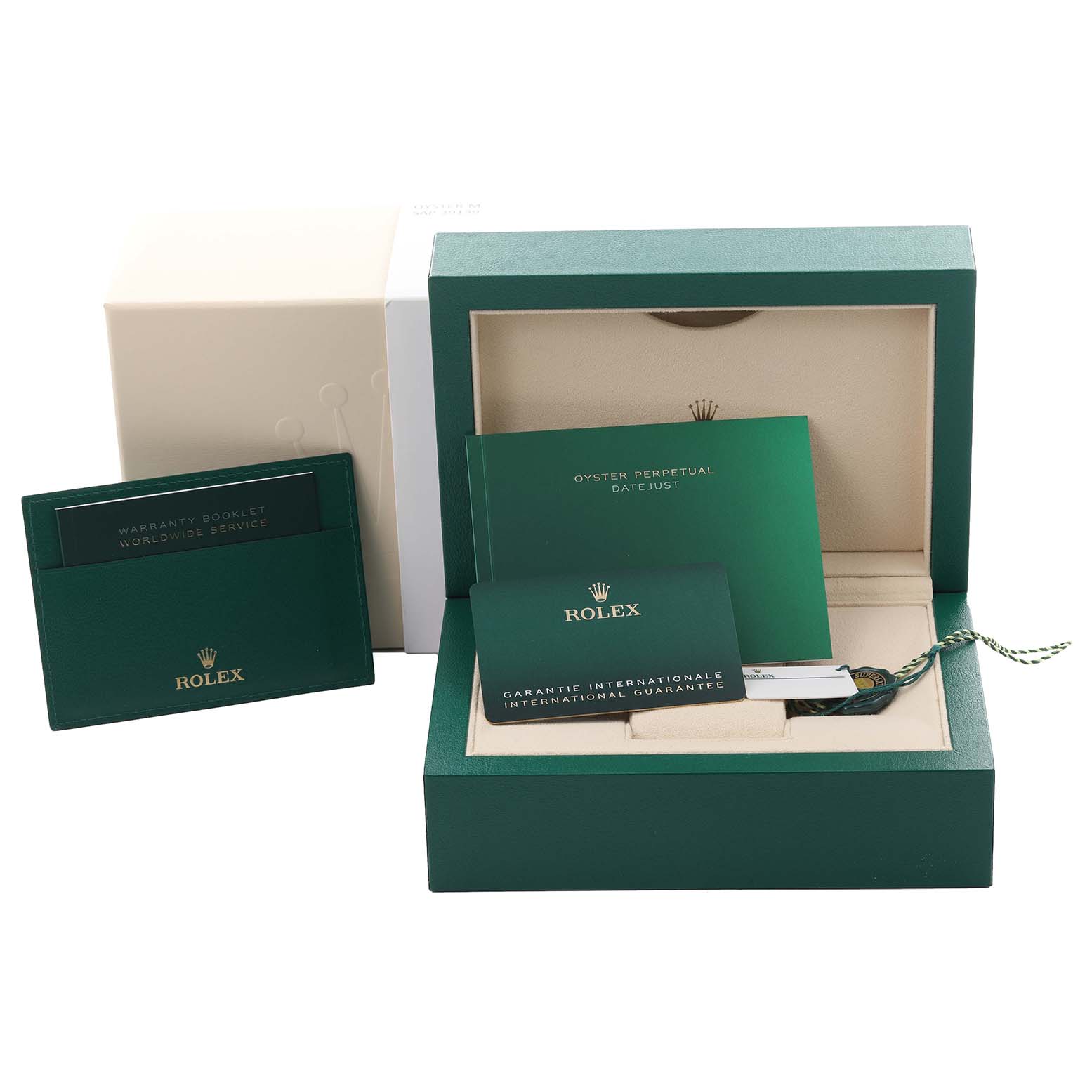 The image shows a Rolex Datejust 126233 Men's Steel and Gold (two tone) Champagne Dial 126233 Men's Steel and Gold (two tone) Champagne Dial watch box and accessories, including manuals and guarantee cards at a frontal angle.