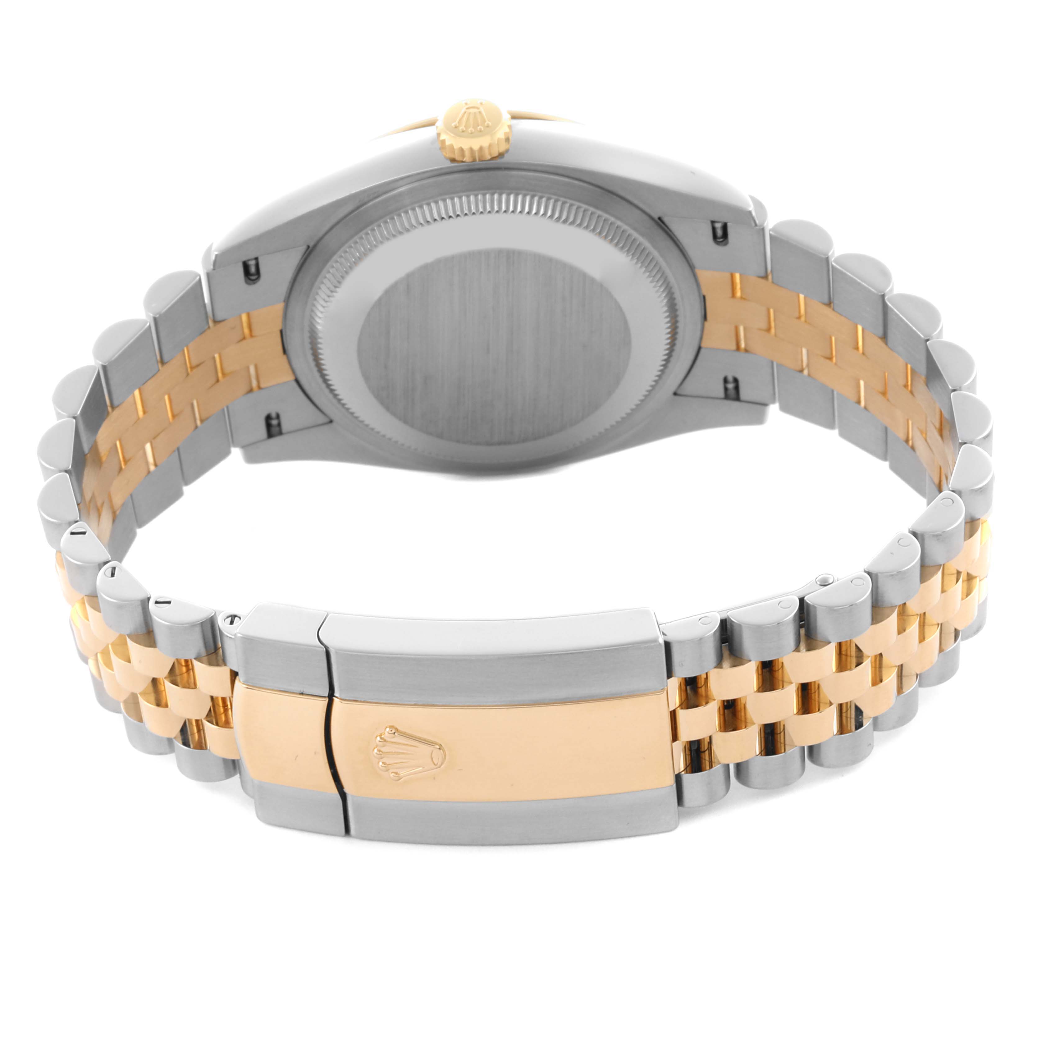 The image shows the backside and bracelet of a Rolex Datejust 126233 Men's Steel and Gold (two tone) Champagne Dial 126233 Men's Steel and Gold (two tone) Champagne Dial watch, highlighting the clasp and two-tone metal links.