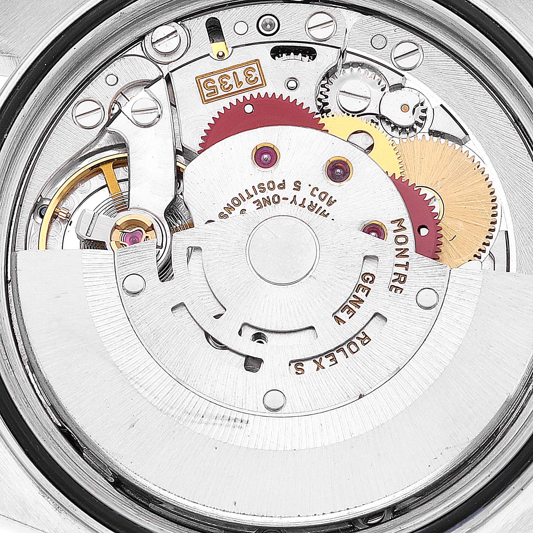 This image shows the internal mechanics of the Rolex Datejust 16233 Men's Steel and Gold (two tone) Beige Dial 16233 Men's Steel and Gold (two tone) Beige Dial watch movement from a close-up, top-down angle.