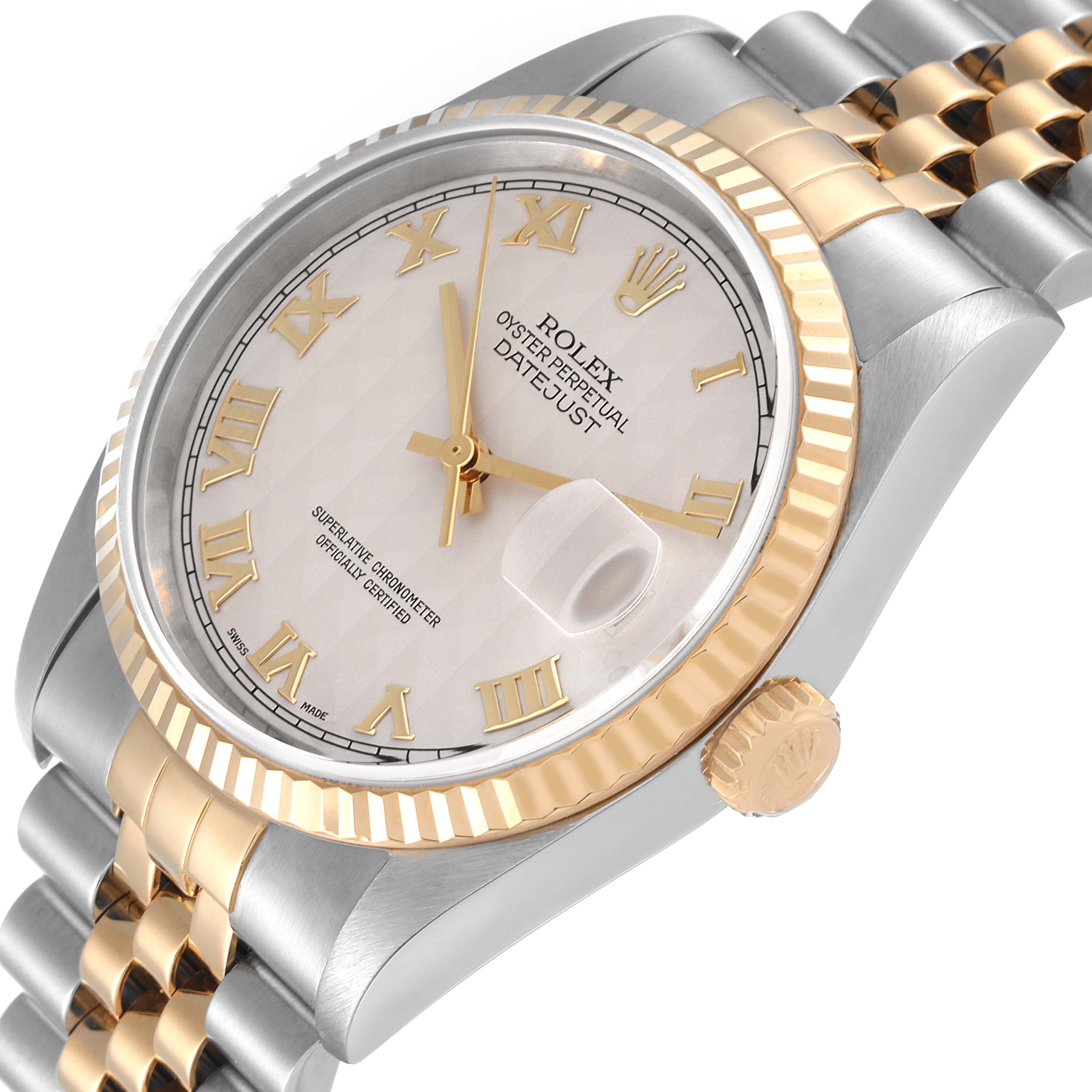 The image shows a close-up angled view of a Rolex Datejust 16233 Men's Steel and Gold (two tone) Beige Dial 16233 Men's Steel and Gold (two tone) Beige Dial watch, highlighting the dial, bezel, crown, and part of the bracelet.