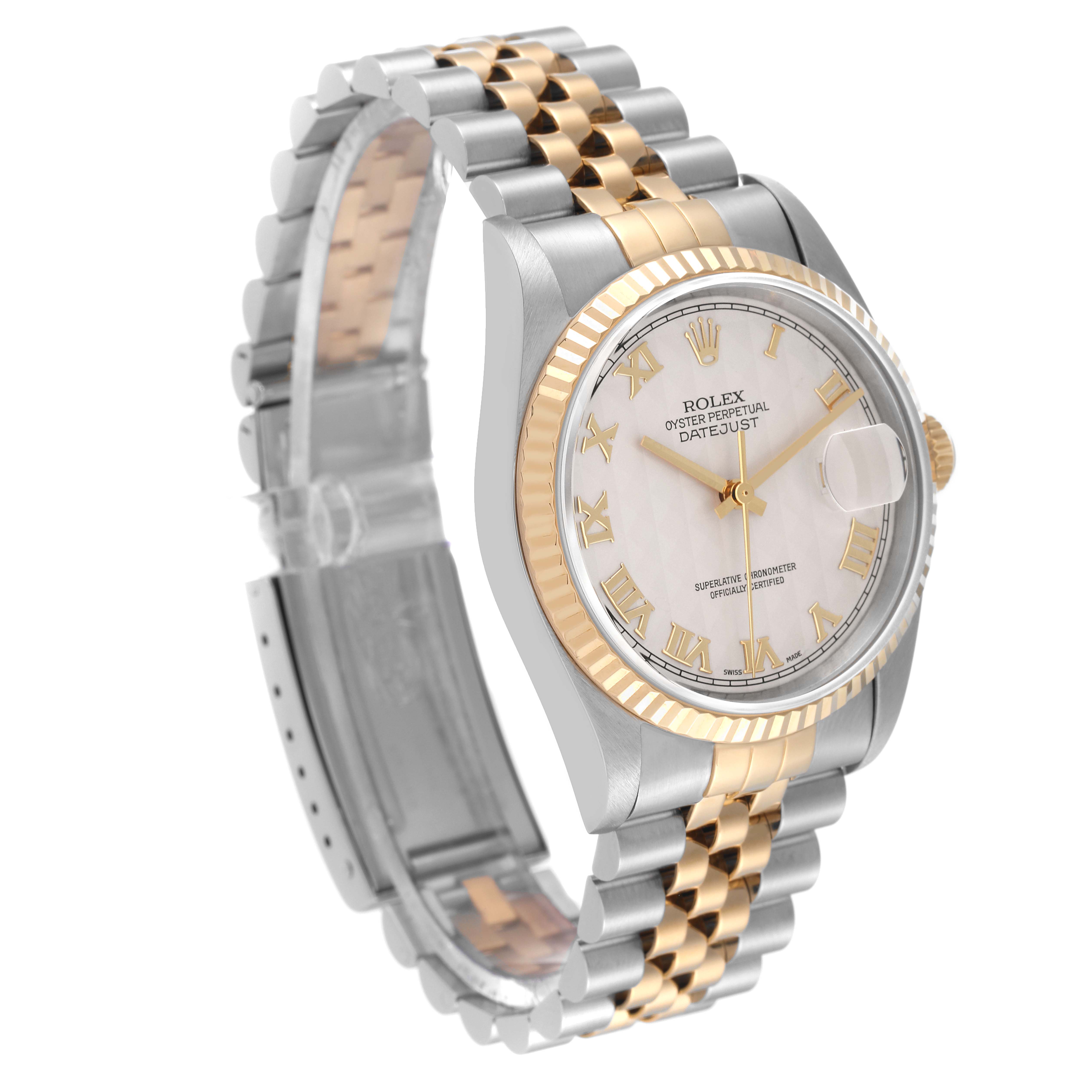 The Rolex Datejust 16233 Men's Steel and Gold (two tone) Beige Dial 16233 Men's Steel and Gold (two tone) Beige Dial watch is shown at a three-quarter angle, highlighting its dial, bezel, and jubilee bracelet.