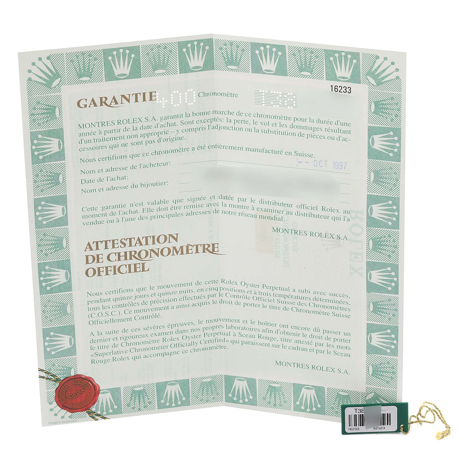 This image shows the warranty papers and certification for a Rolex Datejust 16233 Men's Steel and Gold (two tone) Beige Dial 16233 Men's Steel and Gold (two tone) Beige Dial watch.