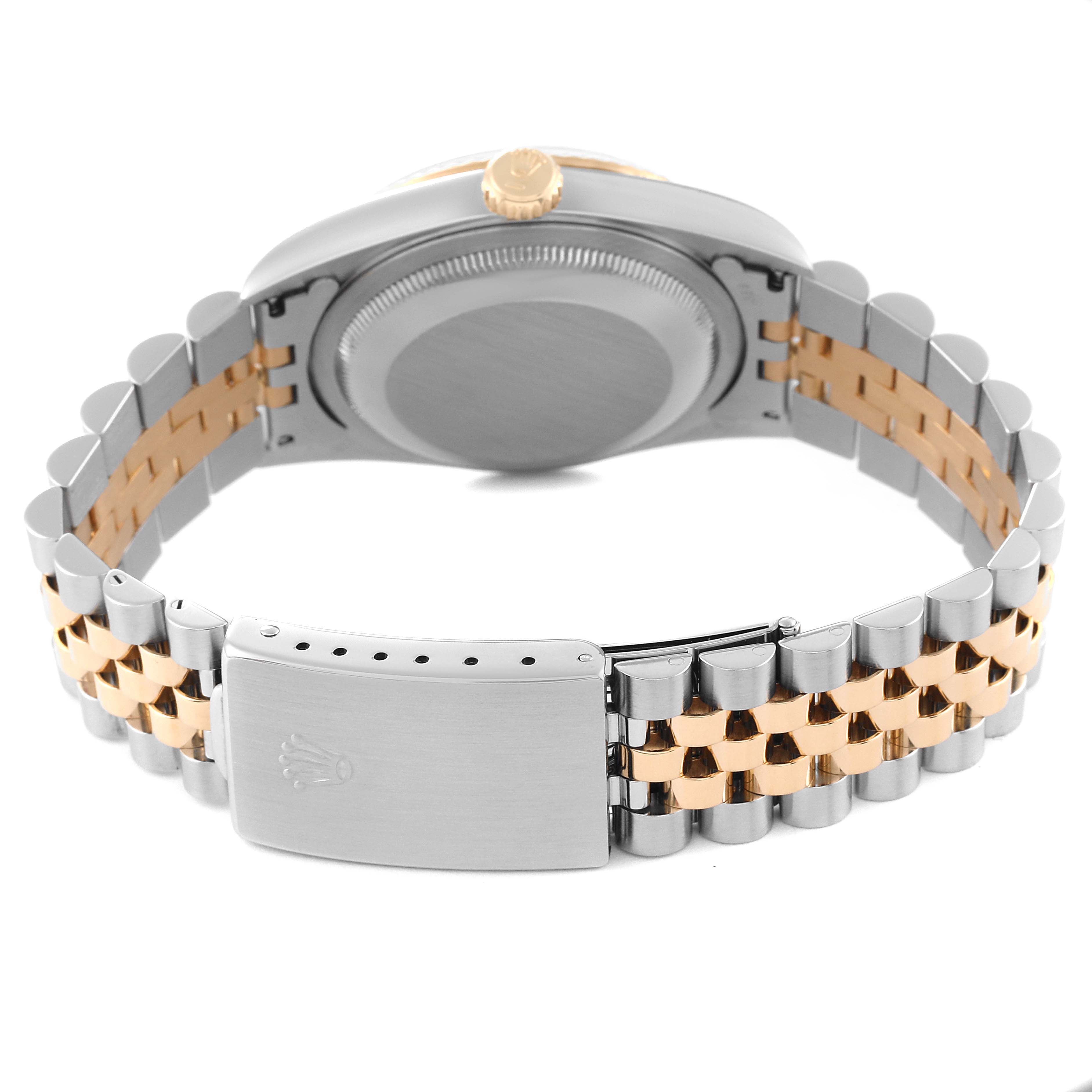 The image shows the back of a Rolex Datejust 16233 Men's Steel and Gold (two tone) Beige Dial 16233 Men's Steel and Gold (two tone) Beige Dial watch, featuring the case back, bracelet, clasp, and crown.