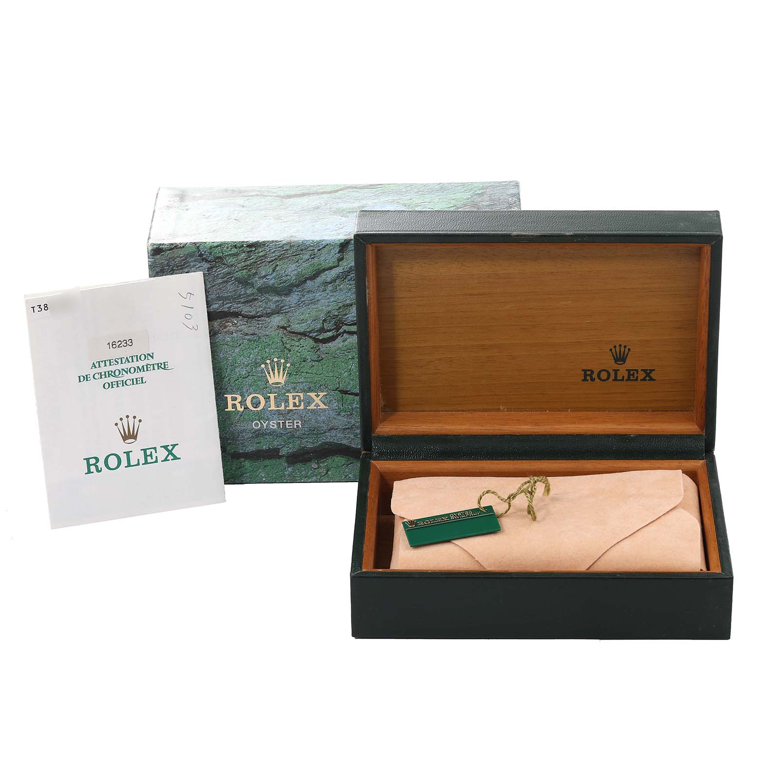 The image shows the Rolex Datejust 16233 Men's Steel and Gold (two tone) Beige Dial 16233 Men's Steel and Gold (two tone) Beige Dial watch's box and documentation, including a certificate and tag, from a straight-on angle.