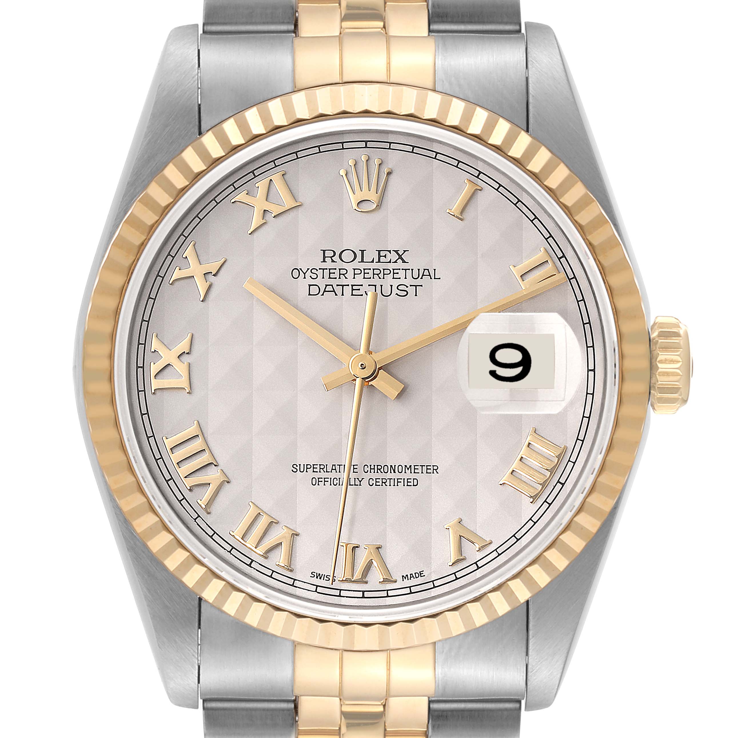 The image shows a front view of the Rolex Datejust 16233 Men's Steel and Gold (two tone) Beige Dial 16233 Men's Steel and Gold (two tone) Beige Dial watch, highlighting its dial, bezel, crown, and bracelet.