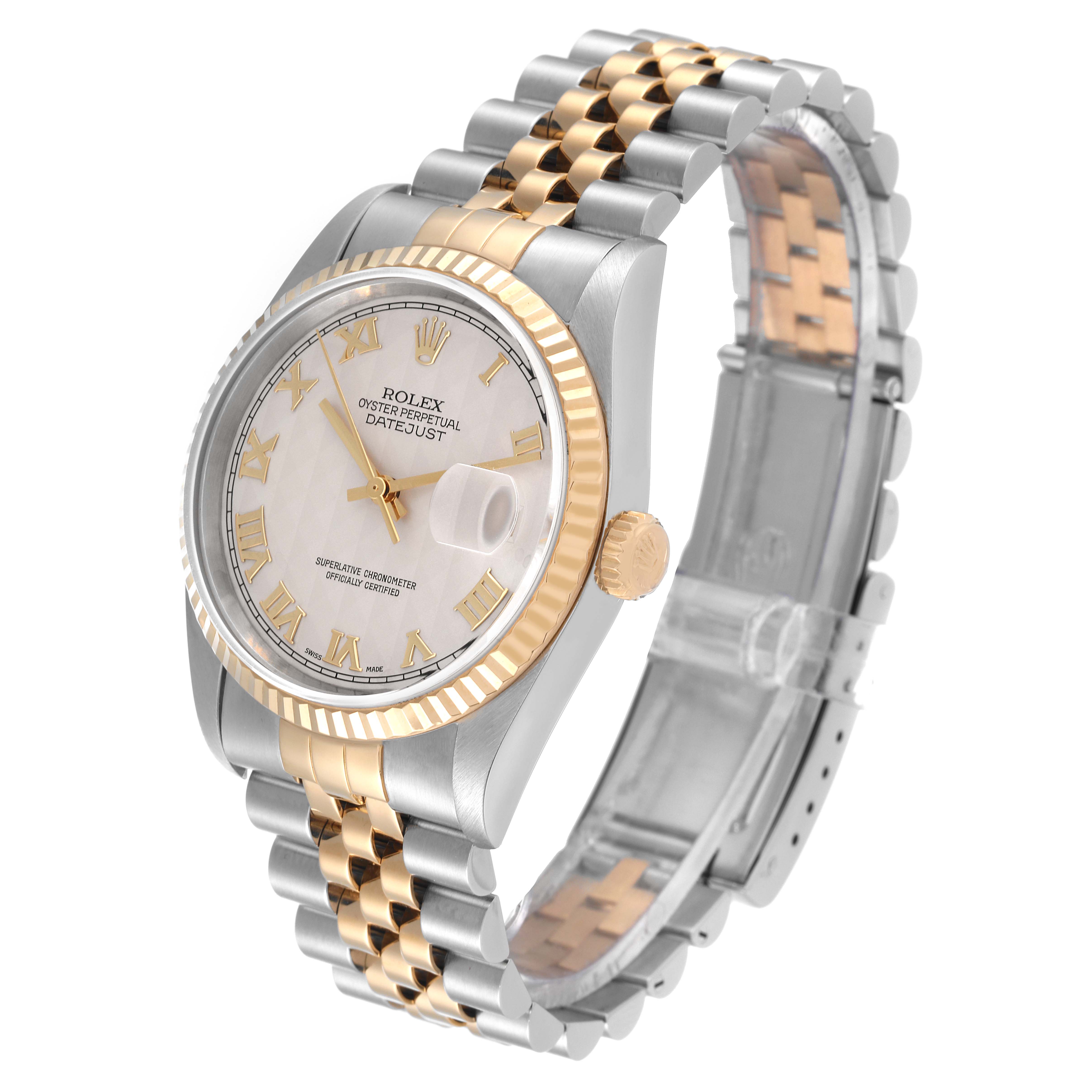 This Rolex Datejust 16233 Men's Steel and Gold (two tone) Beige Dial 16233 Men's Steel and Gold (two tone) Beige Dial watch is shown at a slight angle, displaying the face, bezel, crown, and the two-tone Jubilee bracelet.