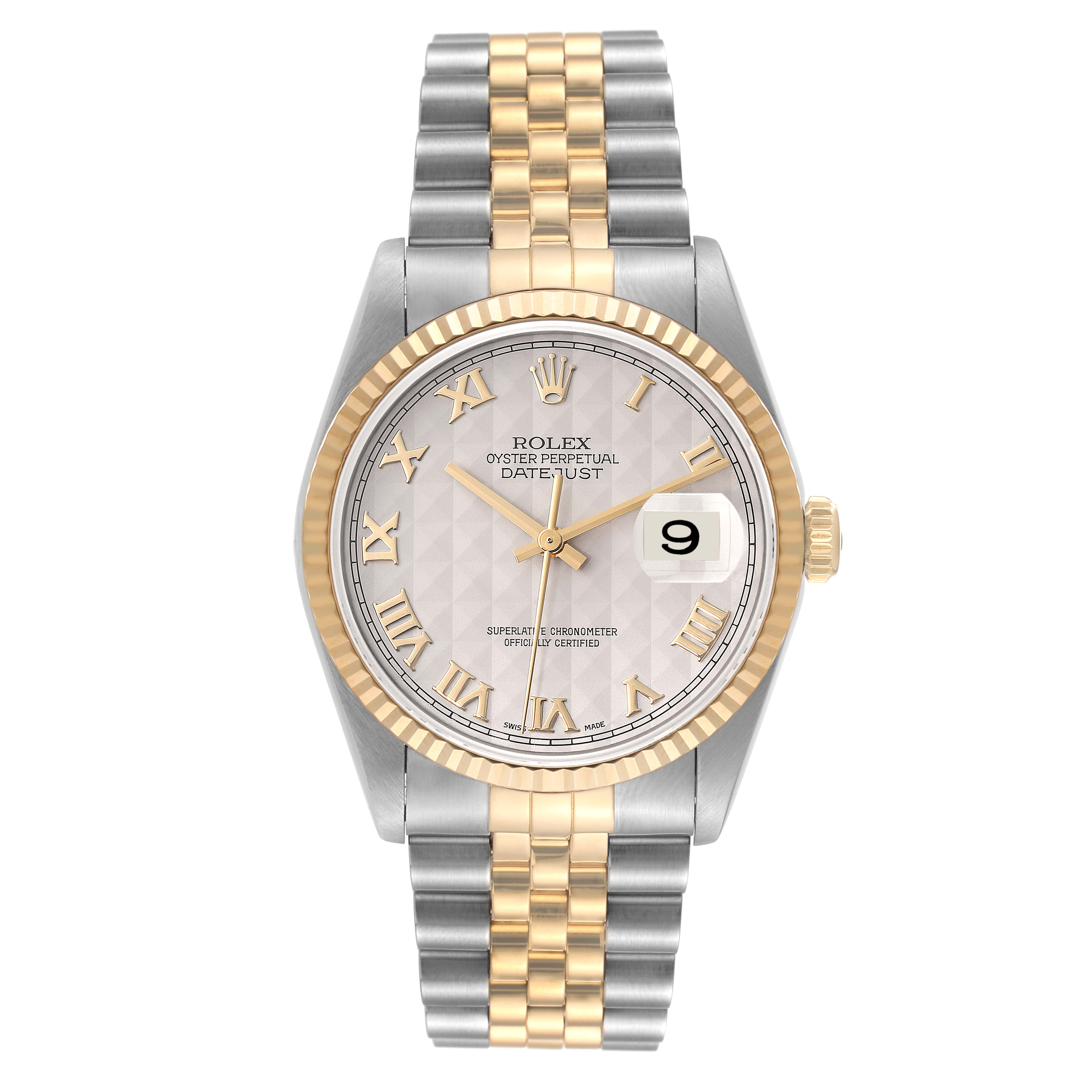 This image shows the front view of a Rolex Datejust 16233 Men's Steel and Gold (two tone) Beige Dial 16233 Men's Steel and Gold (two tone) Beige Dial watch, highlighting the dial, bezel, and bracelet.