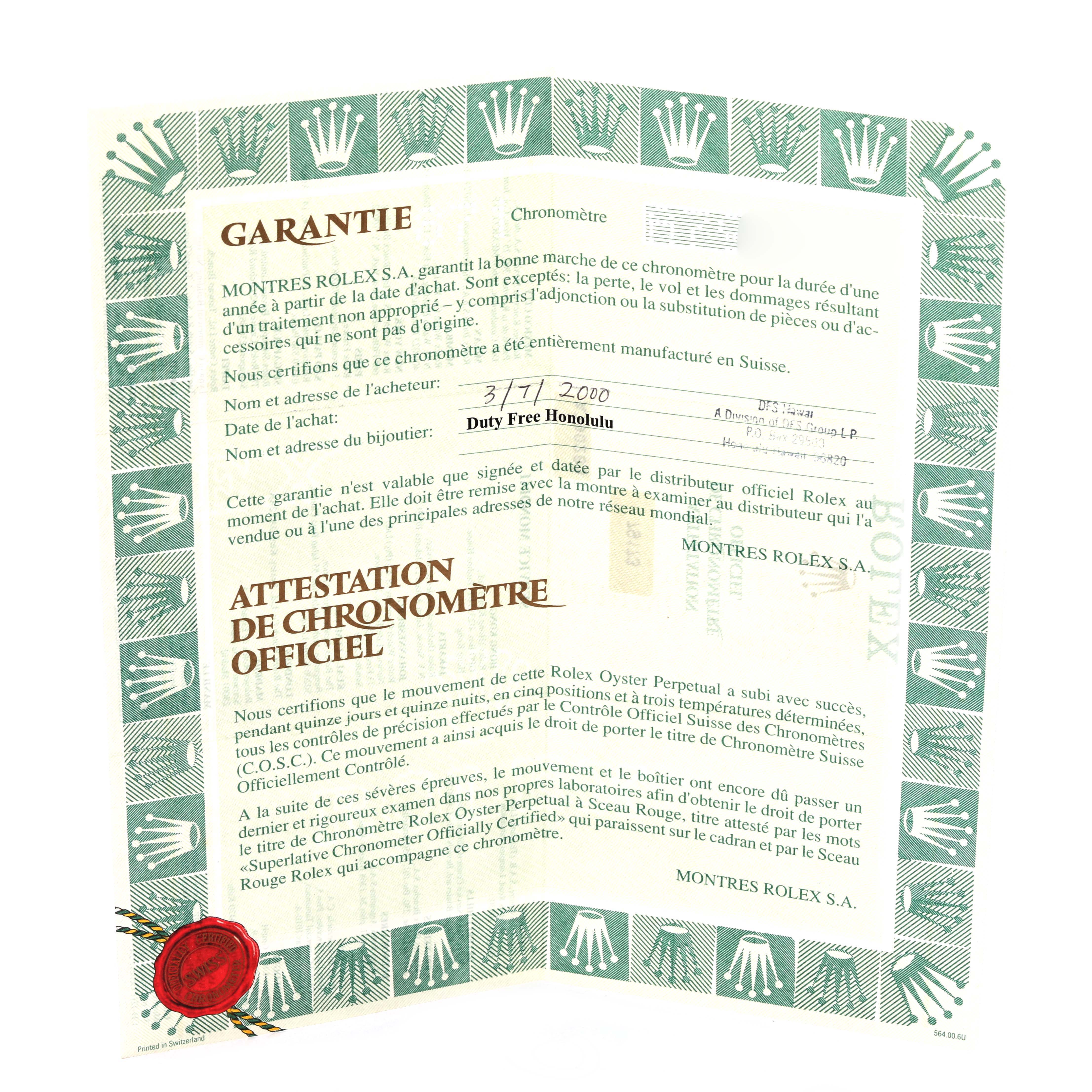 The image shows a warranty certificate for a Rolex Datejust 79173 Women's Steel and Gold (two tone) Silver Dial 79173 Women's Steel and Gold (two tone) Silver Dial watch, featuring branding and text in French.