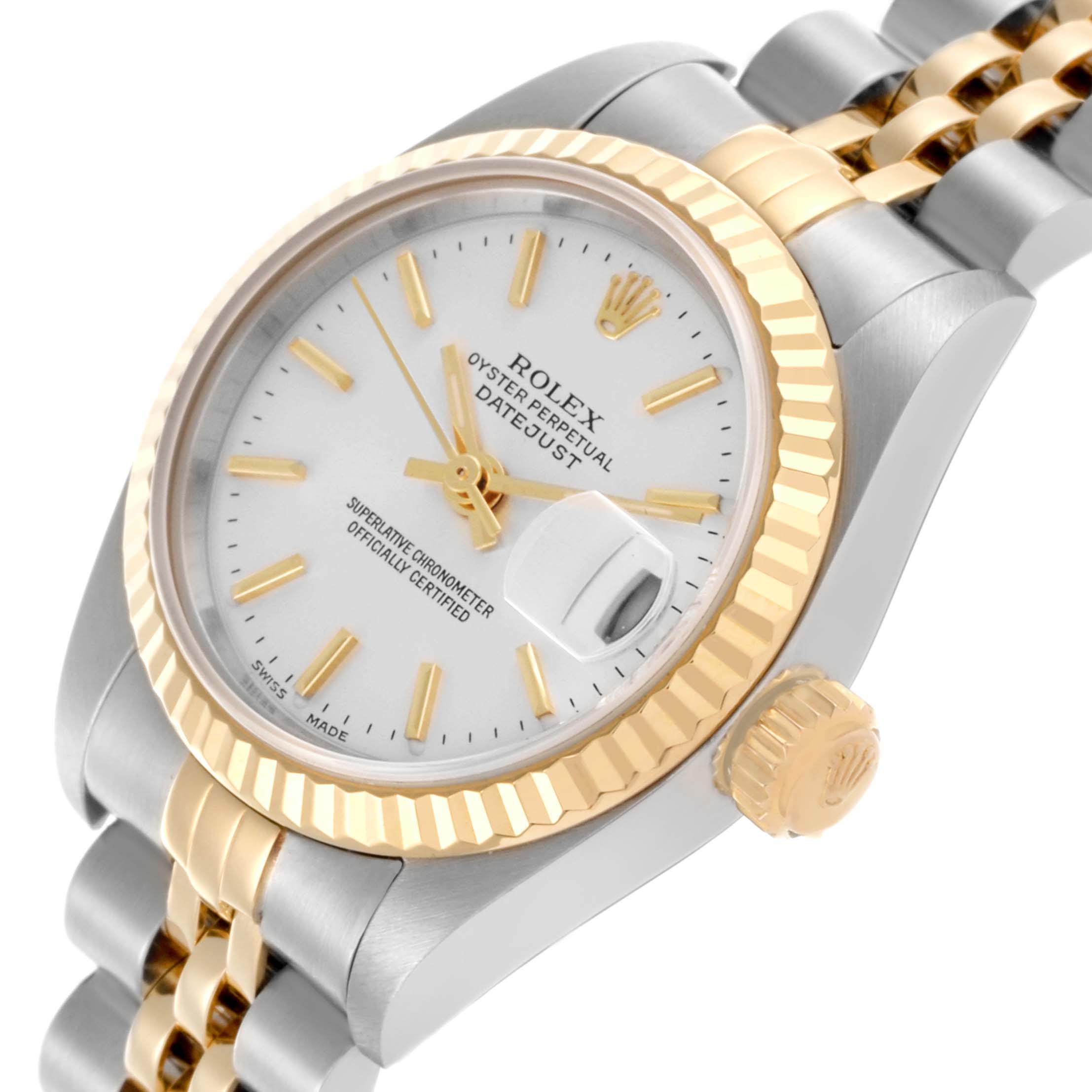 The Rolex Datejust 79173 Women's Steel and Gold (two tone) Silver Dial 79173 Women's Steel and Gold (two tone) Silver Dial watch is shown at a slight angle, highlighting the face, bezel, crown, and bracelet.