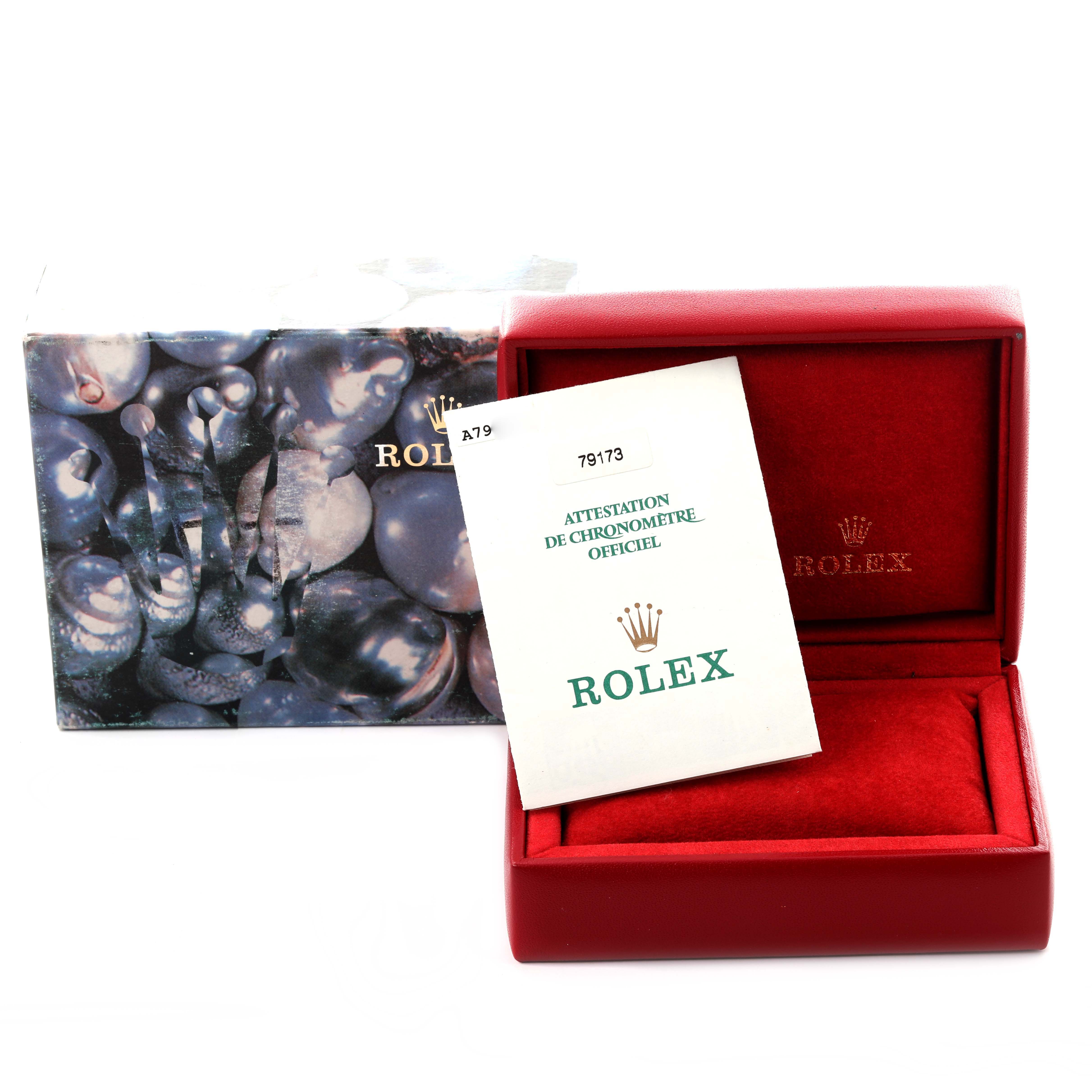 The image shows a Rolex Datejust 79173 Women's Steel and Gold (two tone) Silver Dial 79173 Women's Steel and Gold (two tone) Silver Dial box, manual, and outer packaging, but not the watch itself.