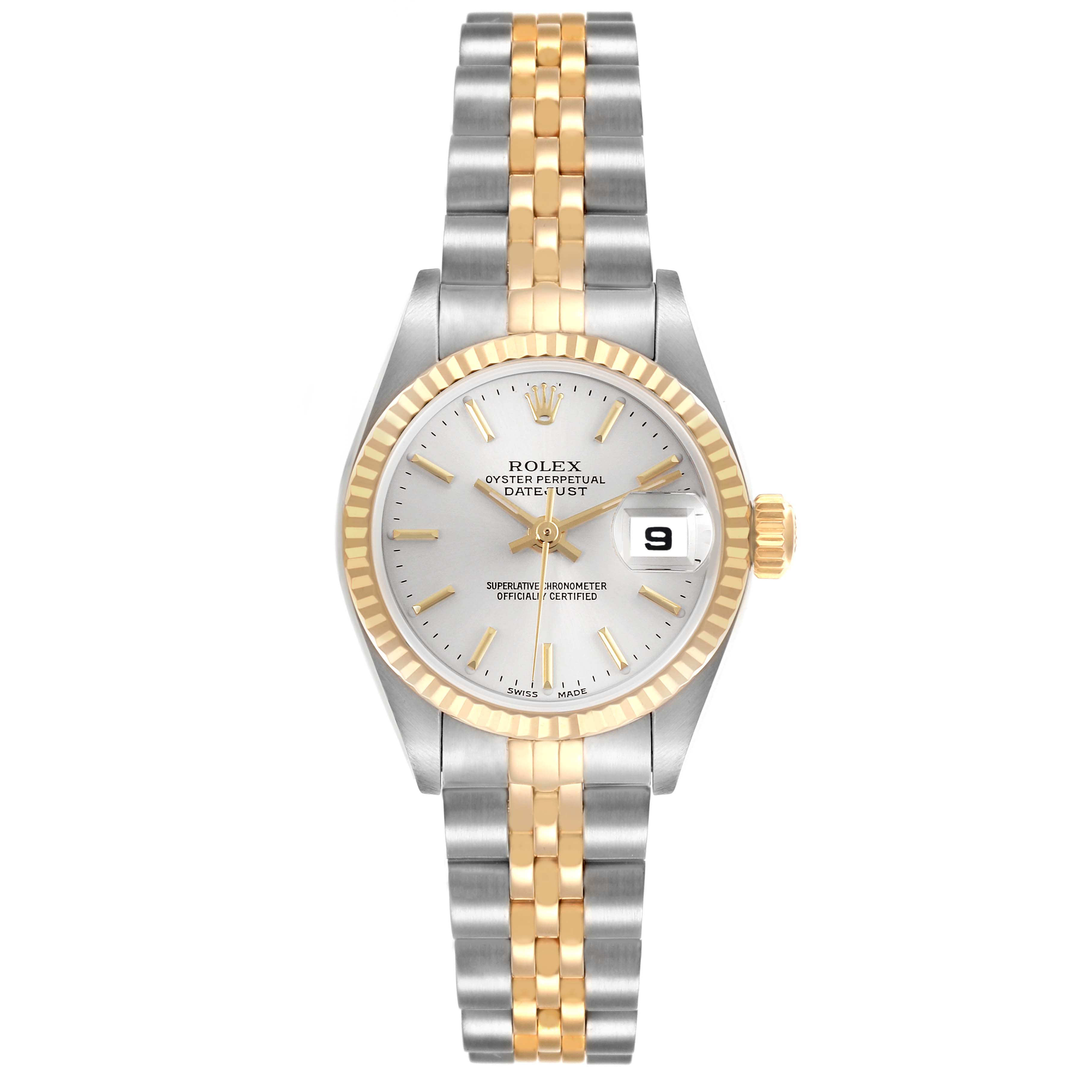 The Rolex Datejust 79173 Women's Steel and Gold (two tone) Silver Dial 79173 Women's Steel and Gold (two tone) Silver Dial watch is shown from a top-down angle, highlighting the dial, bezel, and two-tone bracelet.