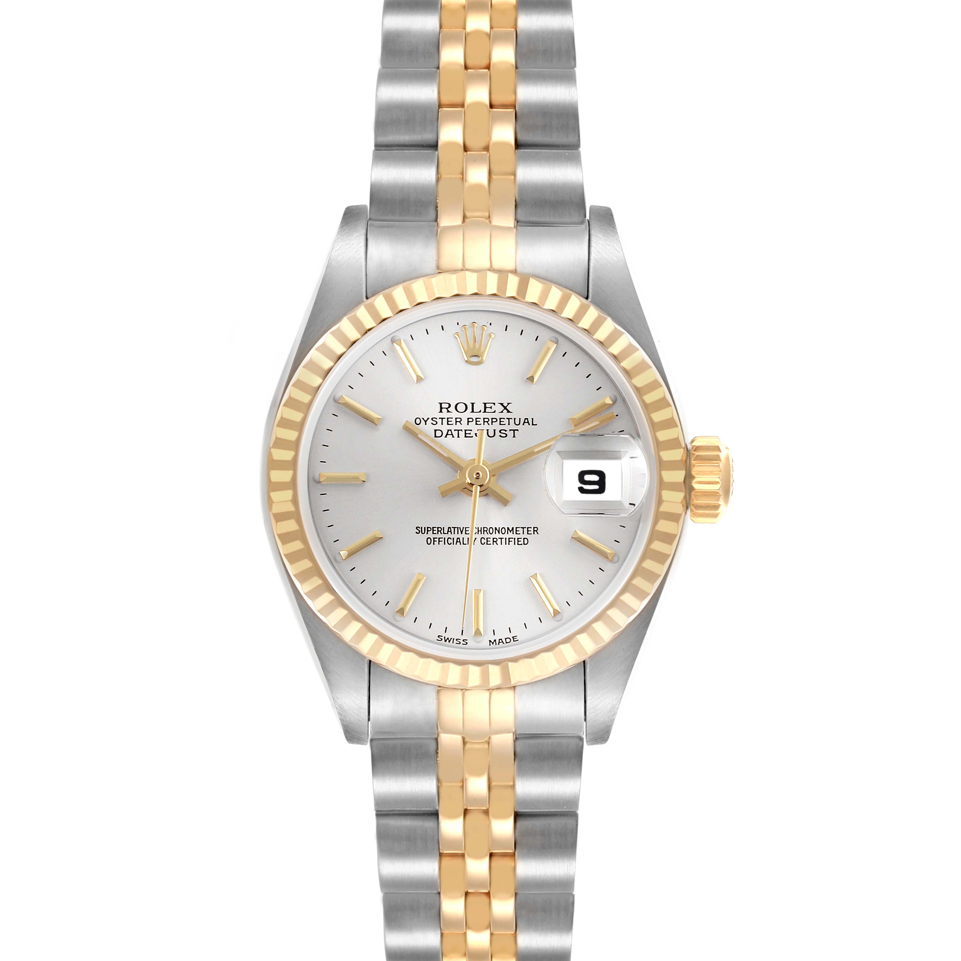 The Rolex Datejust 79173 Women's Steel and Gold (two tone) Silver Dial 79173 Women's Steel and Gold (two tone) Silver Dial watch is shown from a frontal angle, highlighting its face, bezel, and bracelet.