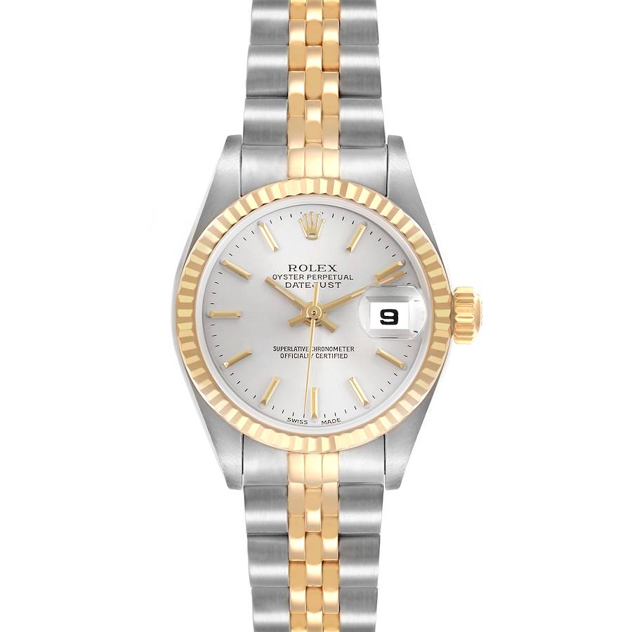 The Rolex Datejust watch is shown from a frontal angle, highlighting its face, bezel, and bracelet.