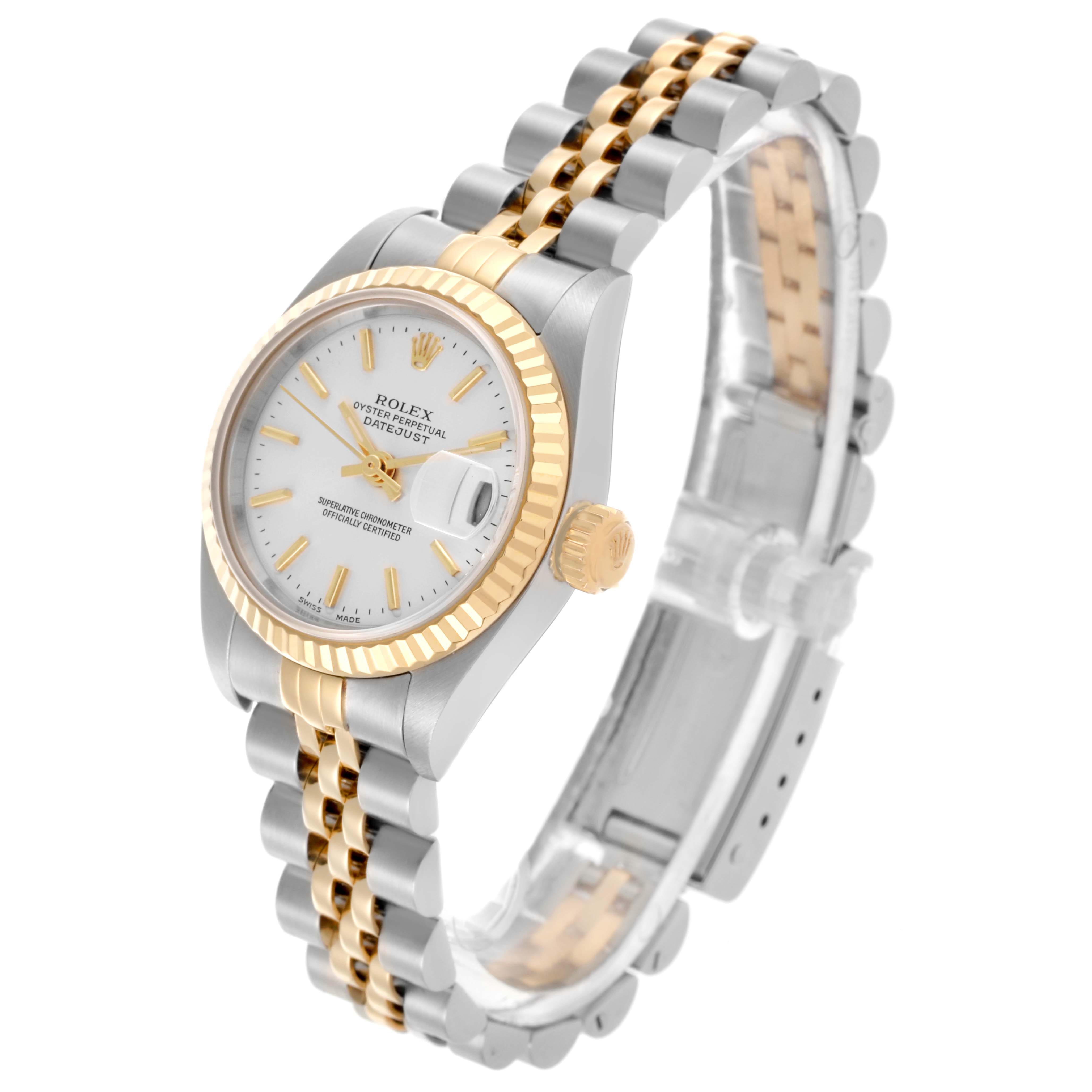 The Rolex Datejust 79173 Women's Steel and Gold (two tone) Silver Dial 79173 Women's Steel and Gold (two tone) Silver Dial is shown at a slight angle, highlighting its two-tone bracelet, fluted bezel, and dial with date magnification.