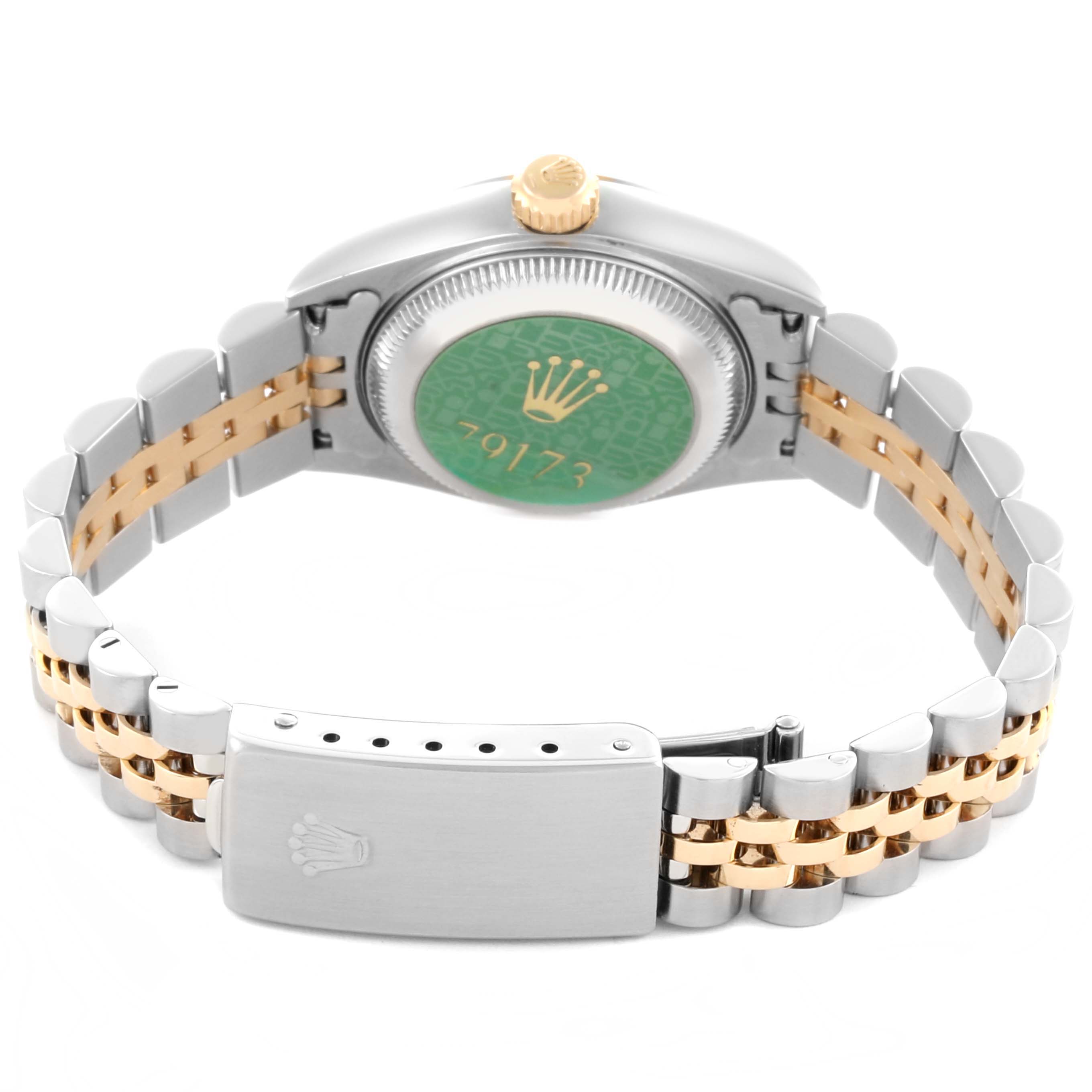 The Rolex Datejust 79173 Women's Steel and Gold (two tone) Silver Dial 79173 Women's Steel and Gold (two tone) Silver Dial watch is shown from the back, displaying the case, crown, and two-tone bracelet with a clasp.