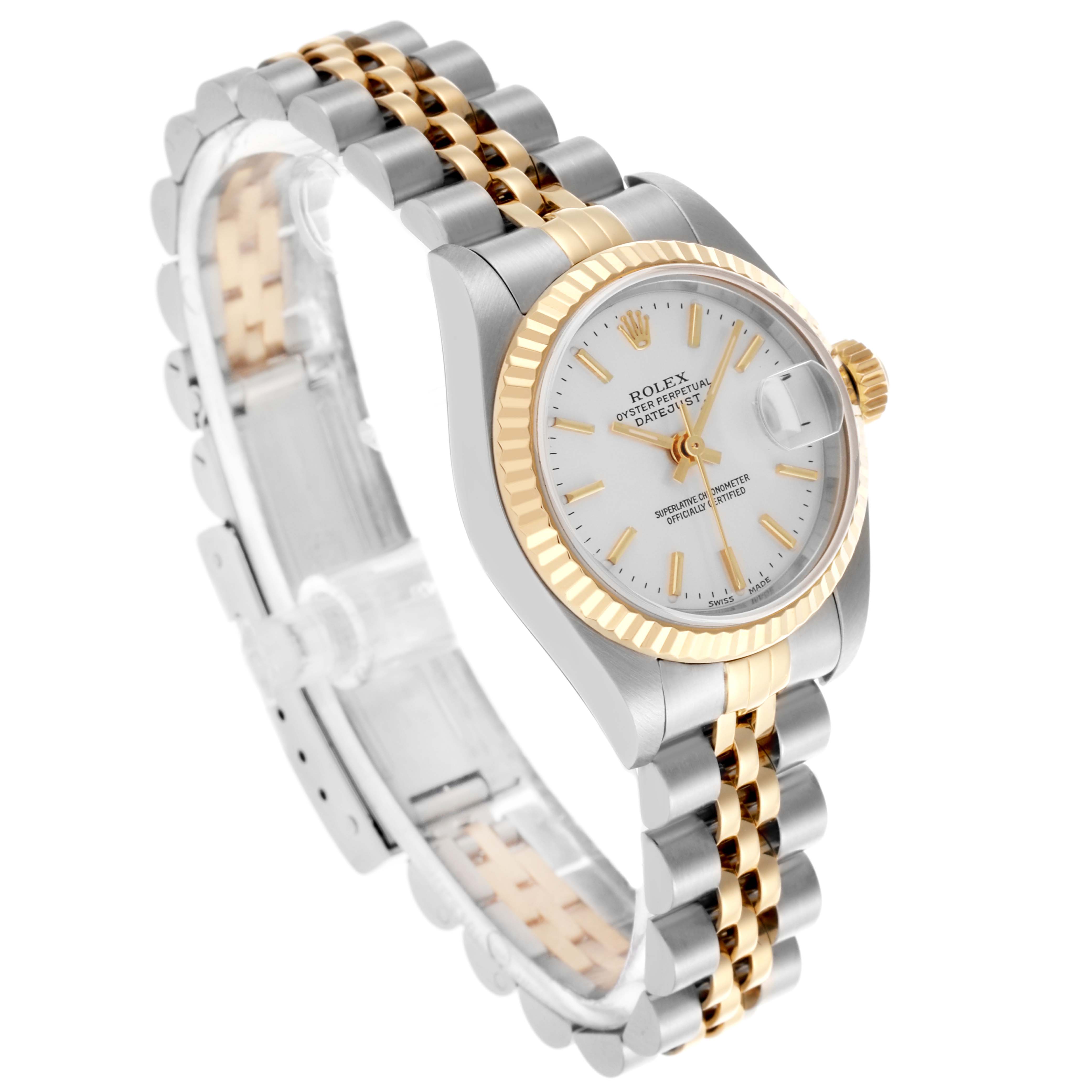 The Rolex Datejust 79173 Women's Steel and Gold (two tone) Silver Dial 79173 Women's Steel and Gold (two tone) Silver Dial watch is shown from a three-quarter angle, highlighting the face, fluted bezel, and Jubilee bracelet.