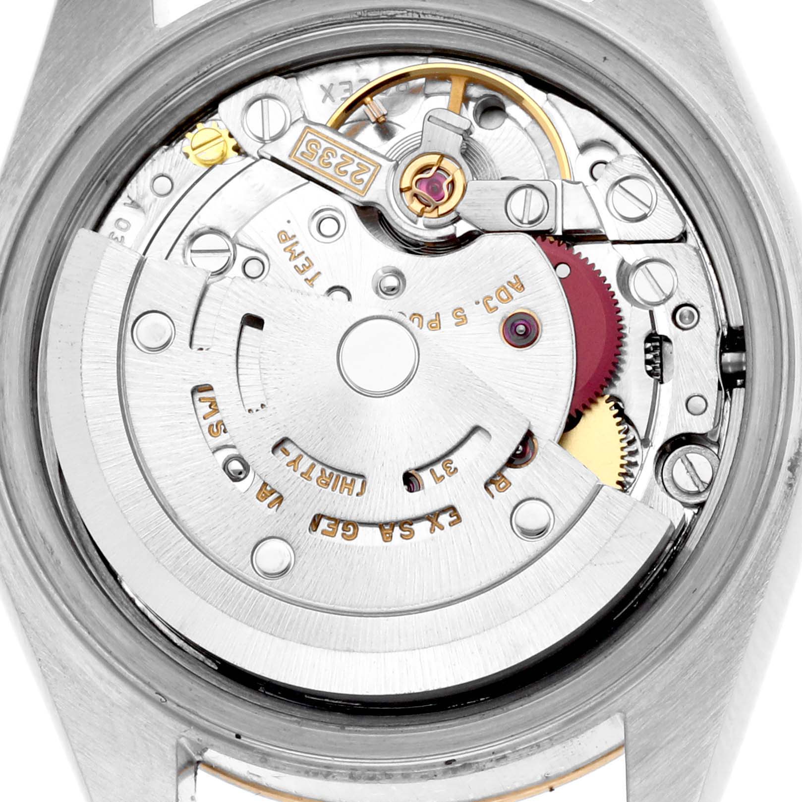 The image shows the movement mechanism of a Rolex Datejust 79173 Women's Steel and Gold (two tone) Silver Dial 79173 Women's Steel and Gold (two tone) Silver Dial, viewed from the back case angle.