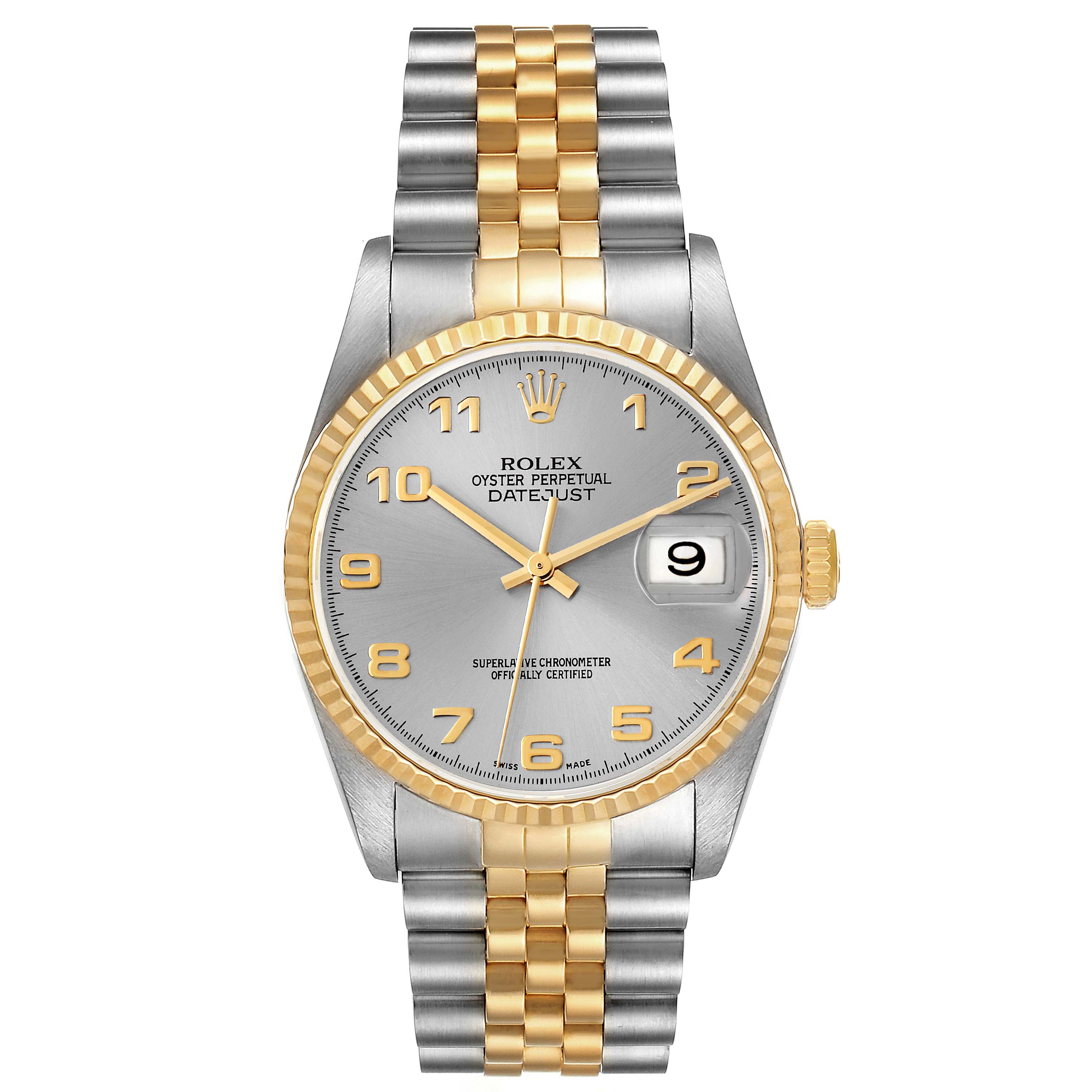 This image shows a front view of a Rolex Datejust 16233 Men's Steel and Gold (two tone) Silver Dial 16233 Men's Steel and Gold (two tone) Silver Dial watch, highlighting the dial, fluted bezel, and bi-tone Jubilee bracelet.