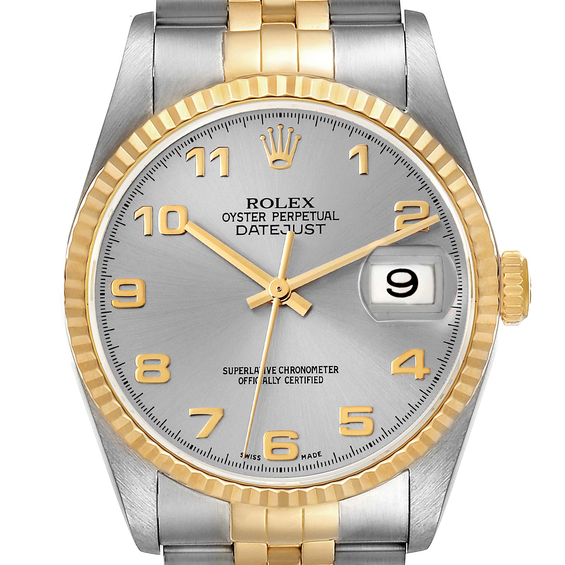 This image shows a Rolex Datejust 16233 Men's Steel and Gold (two tone) Silver Dial 16233 Men's Steel and Gold (two tone) Silver Dial watch from the front, highlighting its dial, hands, date window, and part of the bracelet.