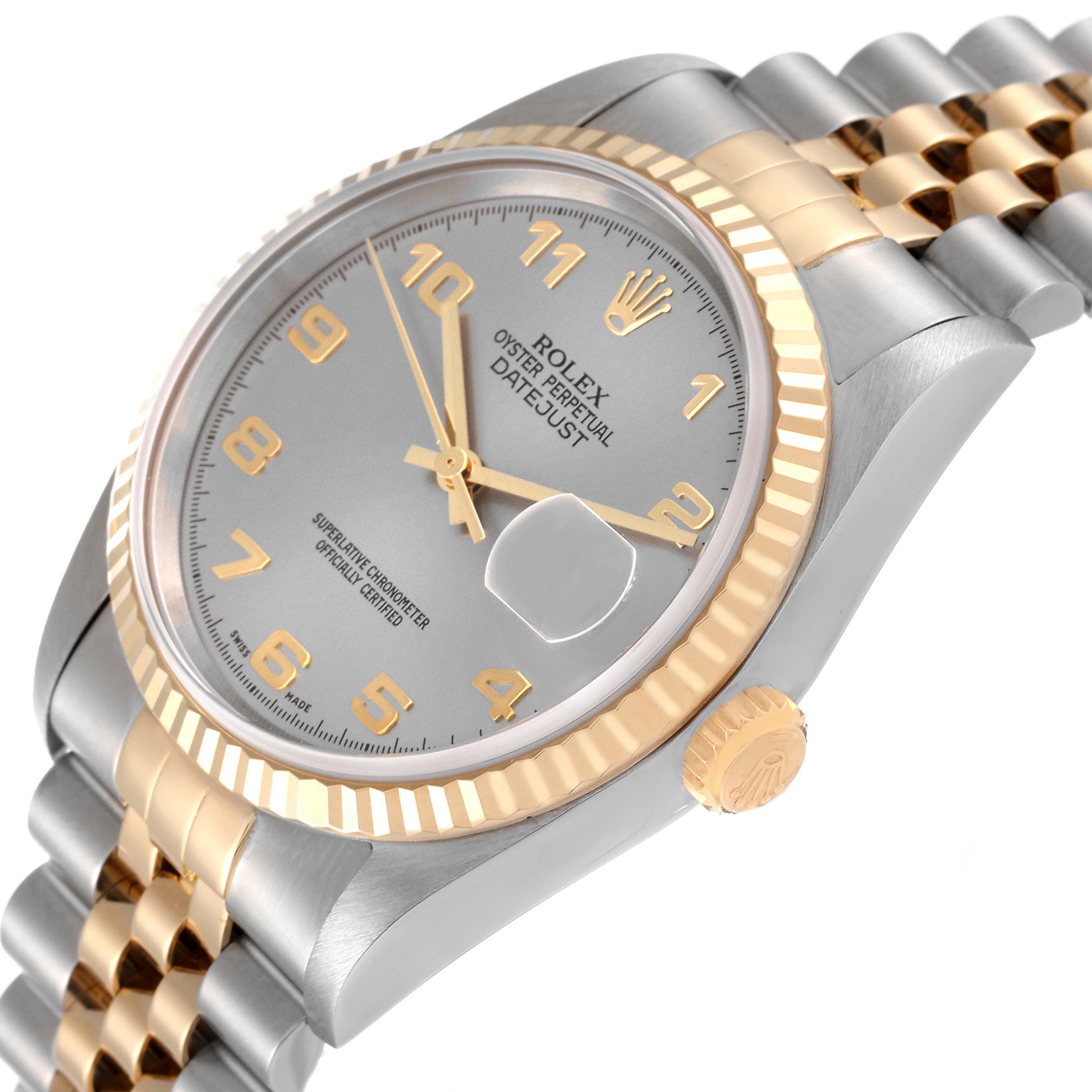The image shows a close-up angle of the Rolex Datejust 16233 Men's Steel and Gold (two tone) Silver Dial 16233 Men's Steel and Gold (two tone) Silver Dial watch, featuring its face, crown, and part of the bracelet.