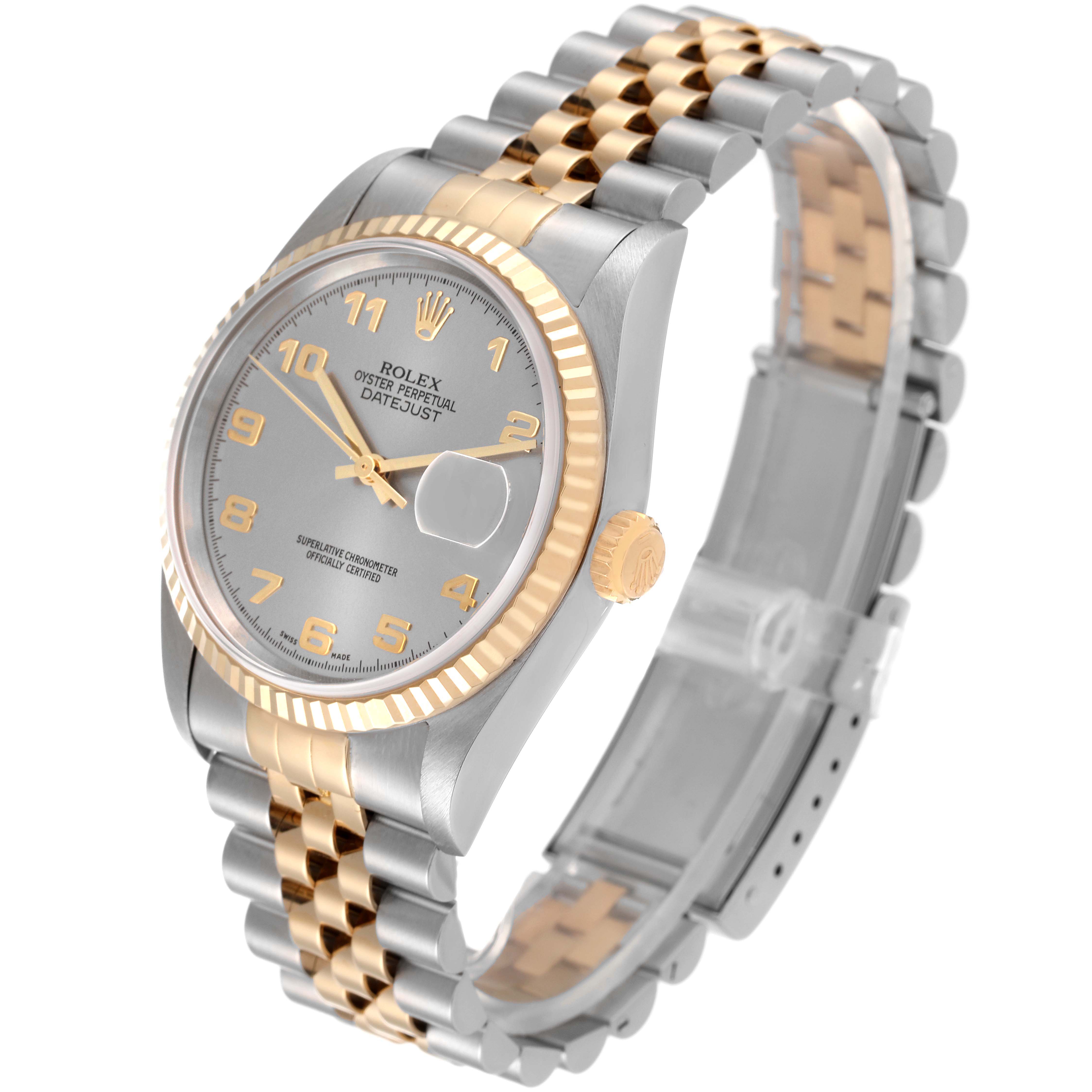 The image shows a Rolex Datejust 16233 Men's Steel and Gold (two tone) Silver Dial 16233 Men's Steel and Gold (two tone) Silver Dial watch from a front angle, highlighting the dial, bezel, crown, and two-tone Jubilee bracelet.