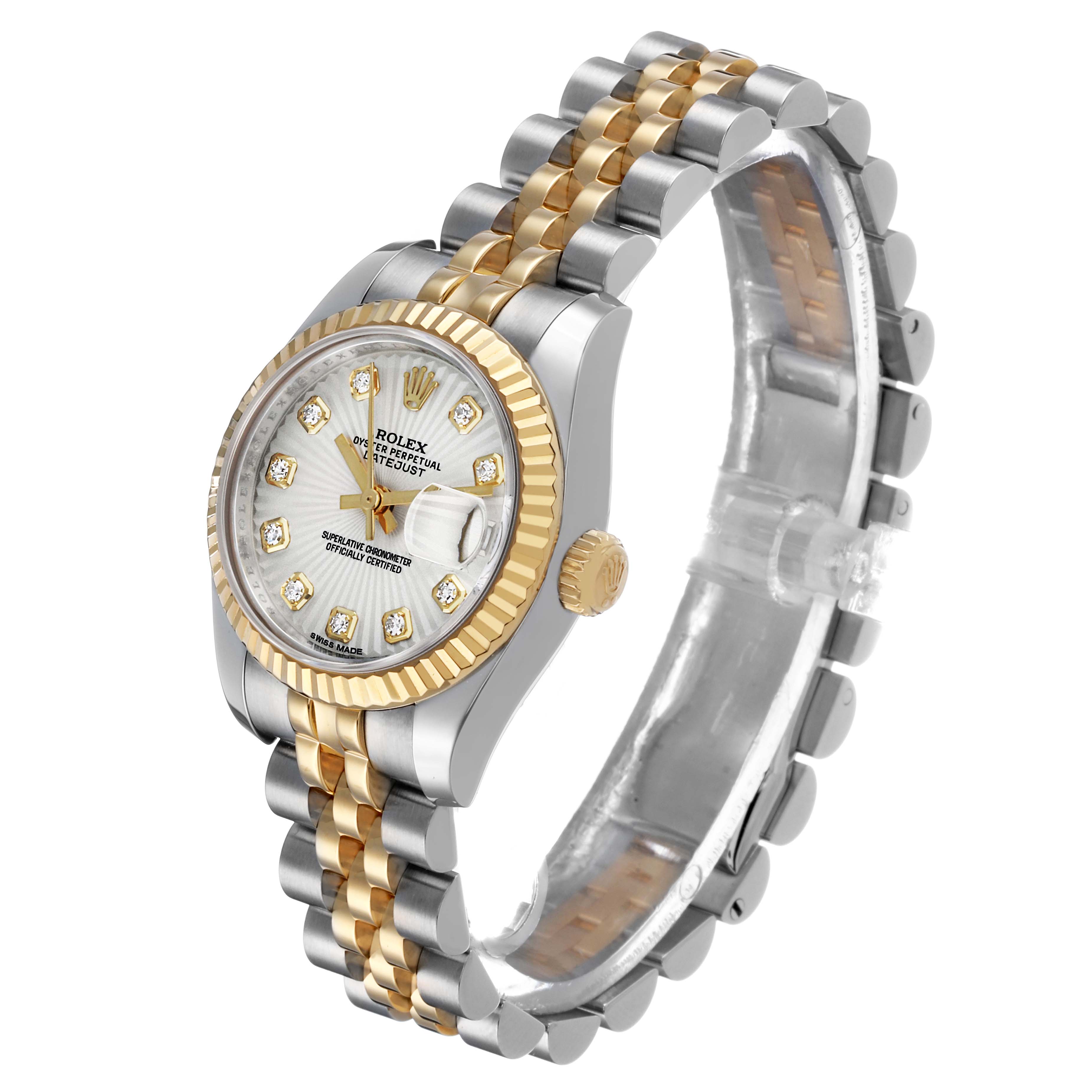 The image shows a Rolex Datejust 179173 Women's Stainless Steel Silver Dial watch at a tilted angle, highlighting its jubilee bracelet, fluted bezel, and crown.
