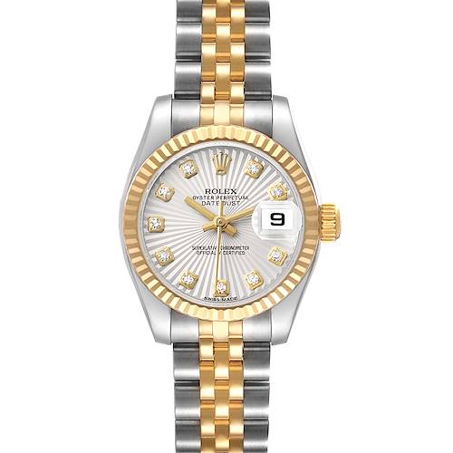 The Rolex Datejust 179173 Women's Stainless Steel Silver Dial watch is shown from the front, displaying the dial, bezel, and part of the bracelet.