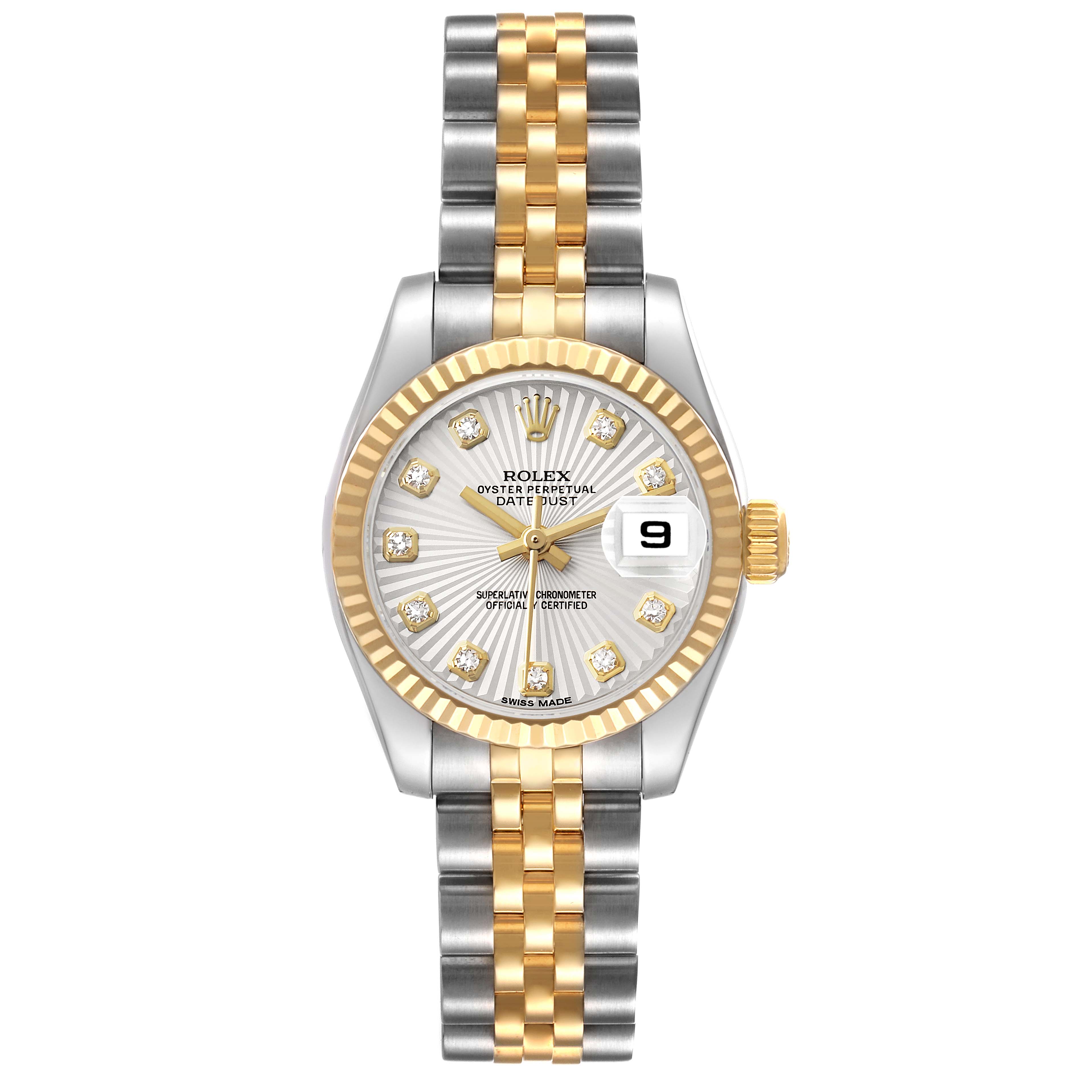 The Rolex Datejust 179173 Women's Stainless Steel Silver Dial watch is shown from a top view, highlighting its face, bezel, and two-tone bracelet.