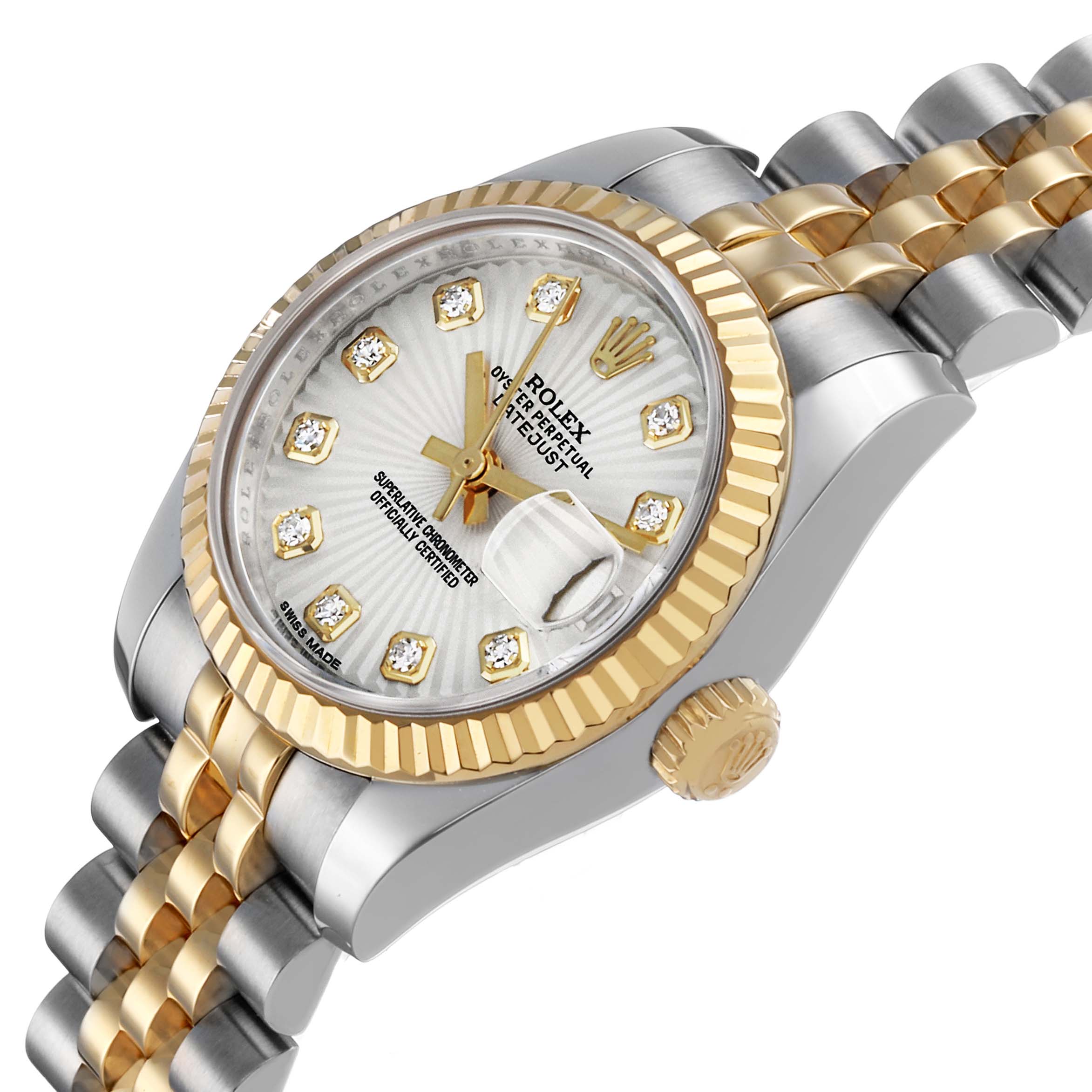 The Rolex Datejust 179173 Women's Stainless Steel Silver Dial watch is shown from a side angle, displaying the dial, bezel, crown, and part of the bracelet.