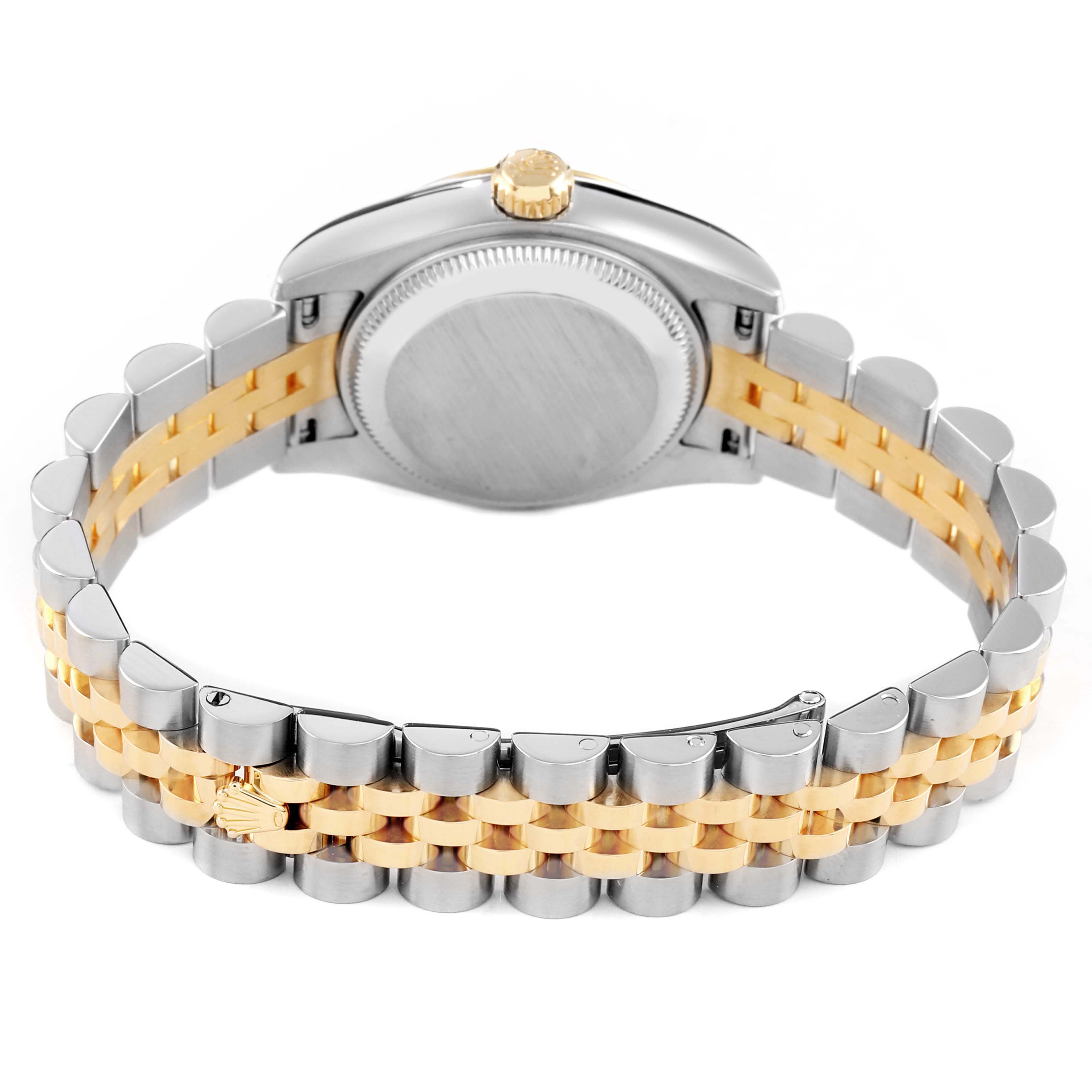 The image shows the back view of a Rolex Datejust 179173 Women's Stainless Steel Silver Dial, highlighting the two-tone Jubilee bracelet and the case back.