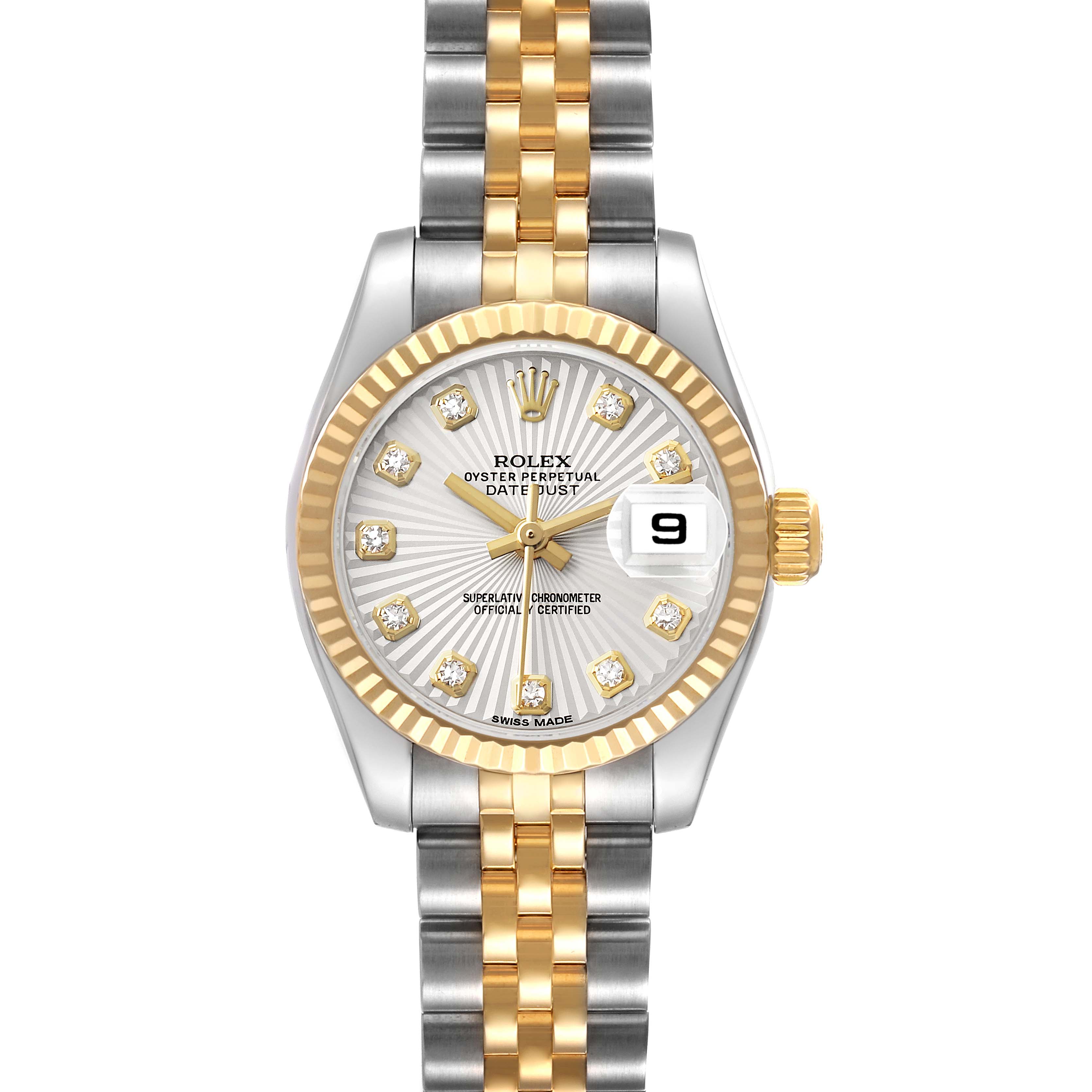 The Rolex Datejust 179173 Women's Stainless Steel Silver Dial watch is shown from the front, displaying its face, fluted bezel, and Jubilee bracelet.