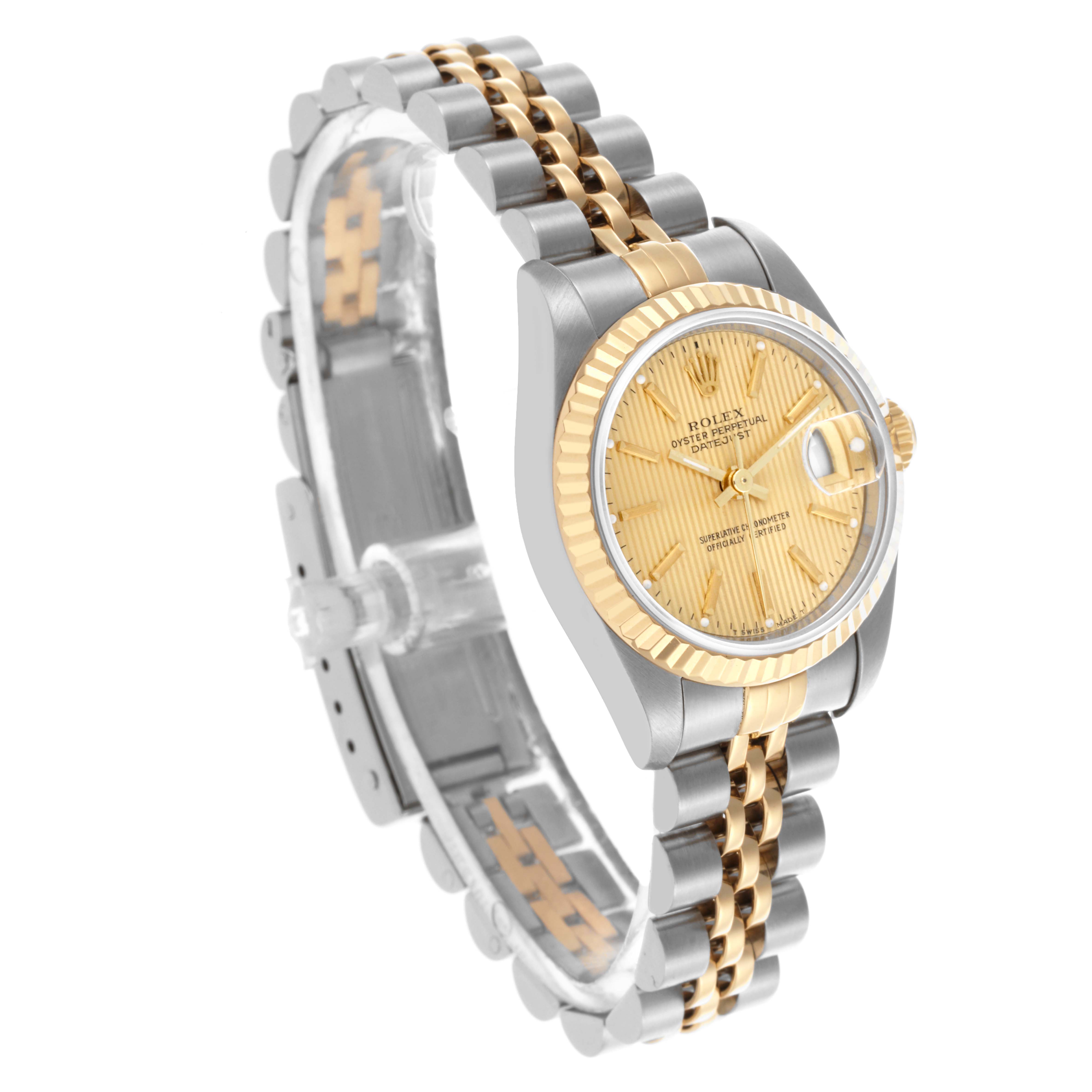 The Rolex Datejust 69173 Women's Steel and Gold (two tone) Champagne Dial 69173 Women's Steel and Gold (two tone) Champagne Dial watch is shown at an angled view, highlighting its face, bezel, and two-tone bracelet.