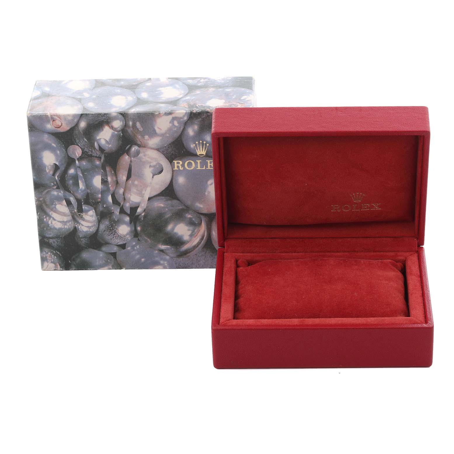 The image shows a red Rolex Datejust 69173 Women's Steel and Gold (two tone) Champagne Dial 69173 Women's Steel and Gold (two tone) Champagne Dial watch box and its decorative outer packaging.