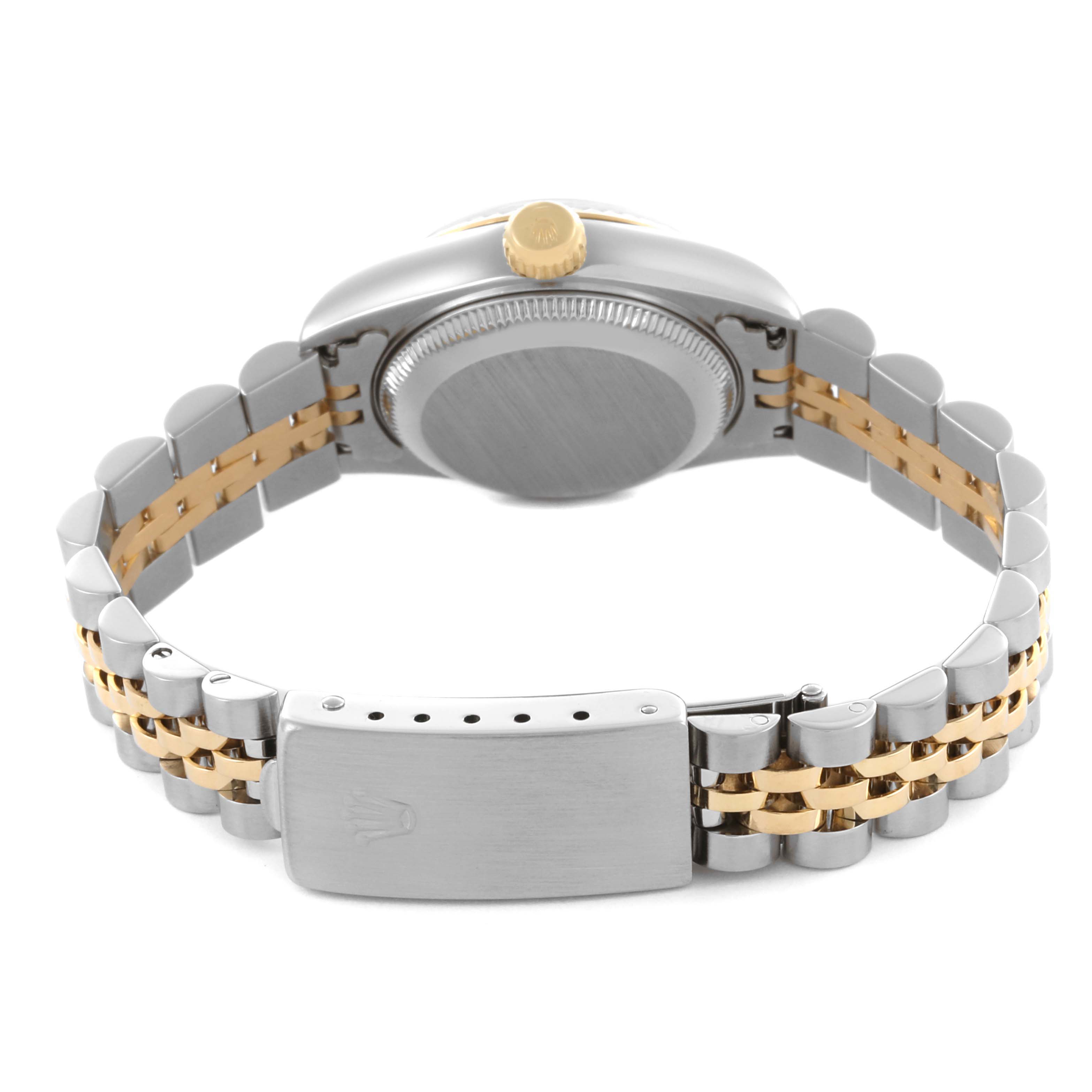 The image shows the Rolex Datejust 69173 Women's Steel and Gold (two tone) Champagne Dial 69173 Women's Steel and Gold (two tone) Champagne Dial from the back, highlighting the clasp, bracelet, and case back.