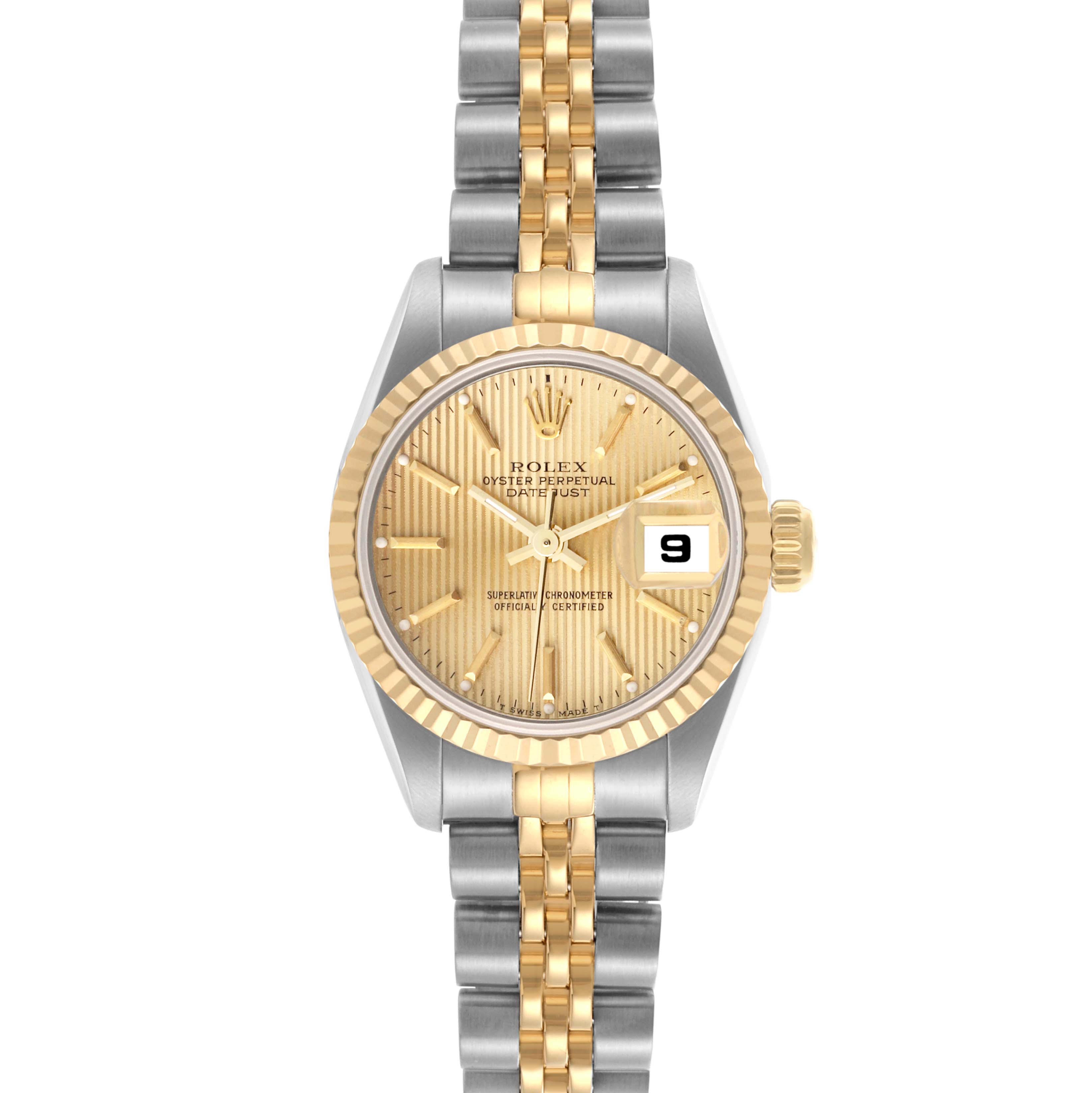 The Rolex Datejust 69173 Women's Steel and Gold (two tone) Champagne Dial 69173 Women's Steel and Gold (two tone) Champagne Dial watch is shown from a front angle, revealing the dial, fluted bezel, and two-tone bracelet.
