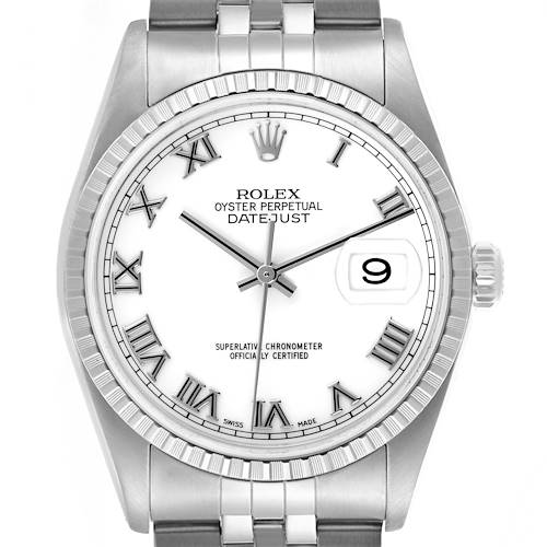 The Rolex Datejust watch is shown from a front angle, displaying the dial, bezel, crown, and part of the bracelet.