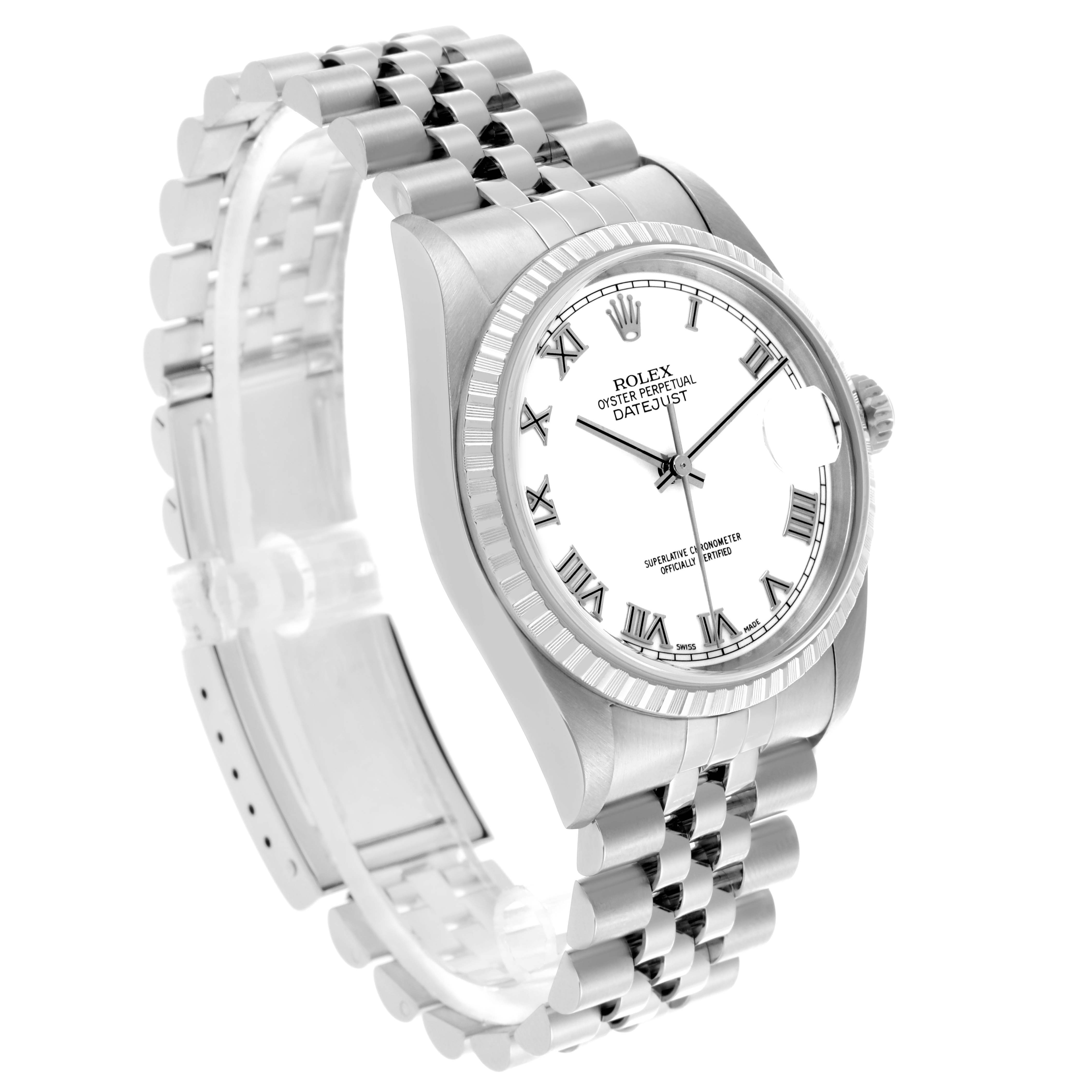 The Rolex Datejust 16220 Men
s Stainless Steel White Dial 16220 Men
s Stainless Steel White Dial watch is shown at a three-quarter angle, highlighting the face, bezel, and Jubilee bracelet.
