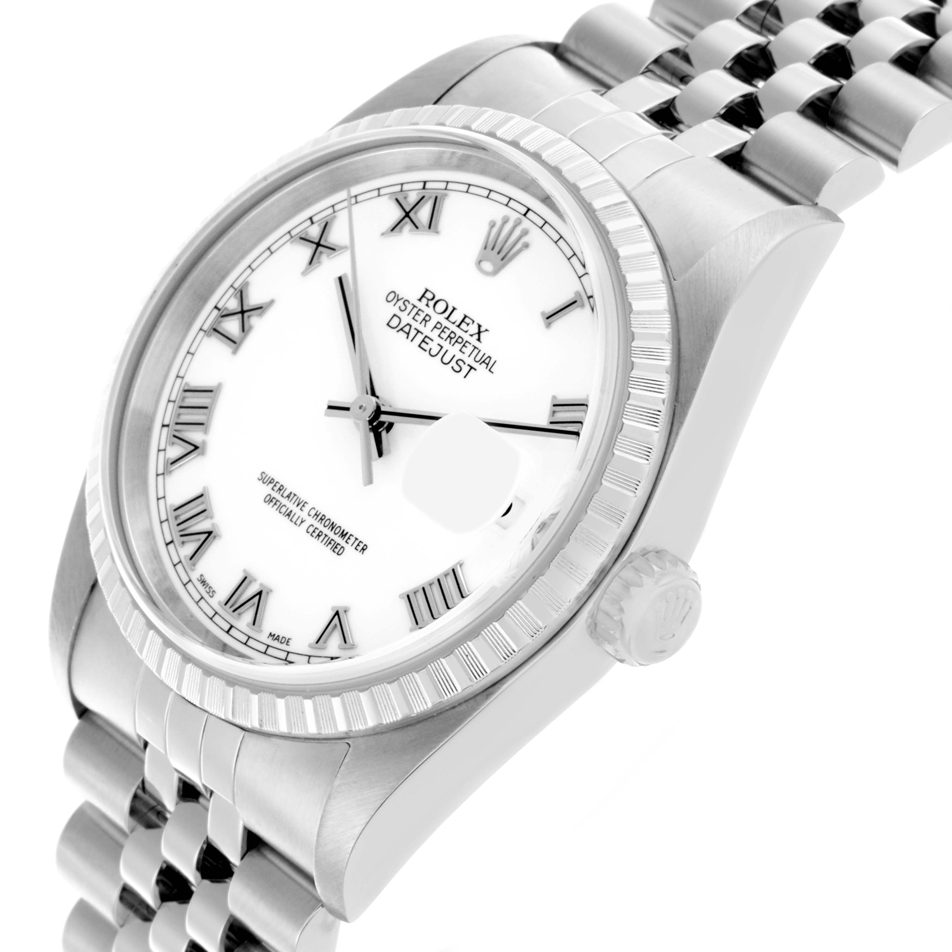 The image shows a Rolex Datejust 16220 Men
s Stainless Steel White Dial 16220 Men
s Stainless Steel White Dial watch at an angled view, highlighting the dial, bezel, crown, and part of the bracelet.